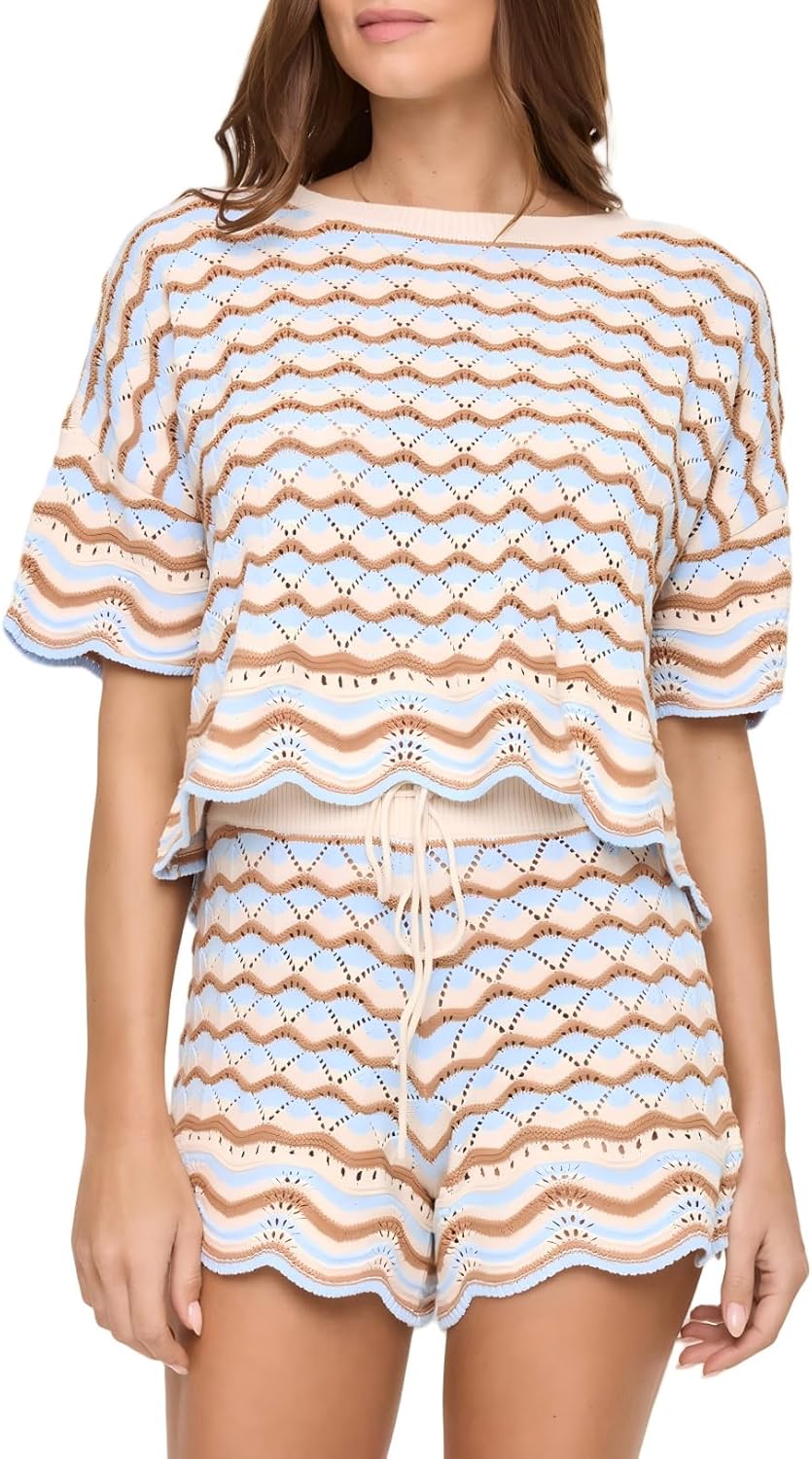 Crochet Sets Two Piece Women Y2k Striped Short Sleeve Hollow Out Top Ruffled Drawstring Shorts Set Beach Cover Up Set