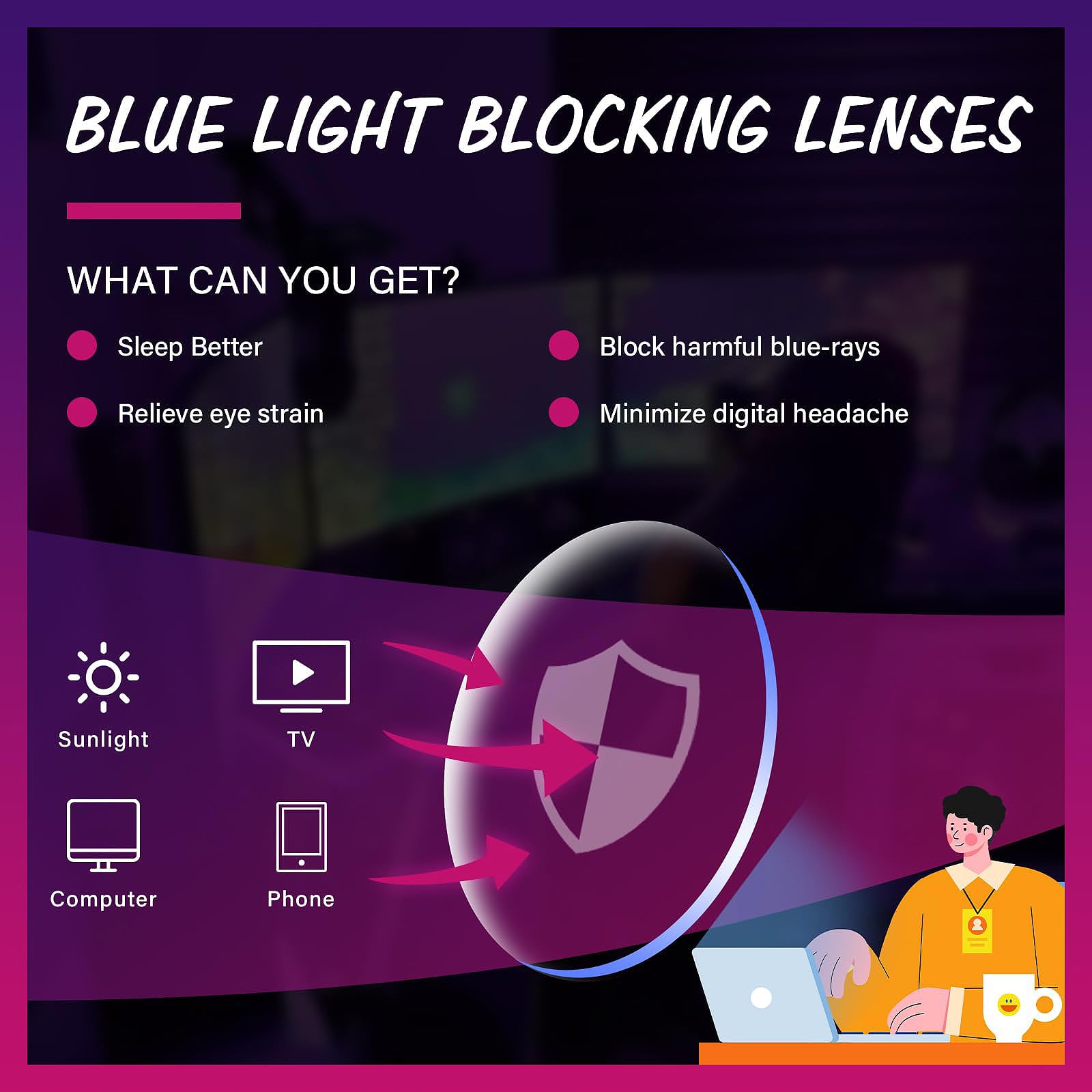 Okulary z filtrem niebieskiego światła, okulary chroniące przed niebieskim światłem, okulary z filtrem niebieskiego światła dla mężczyzn i kobiet, okulary Blue Light – zmęczenie oczu i