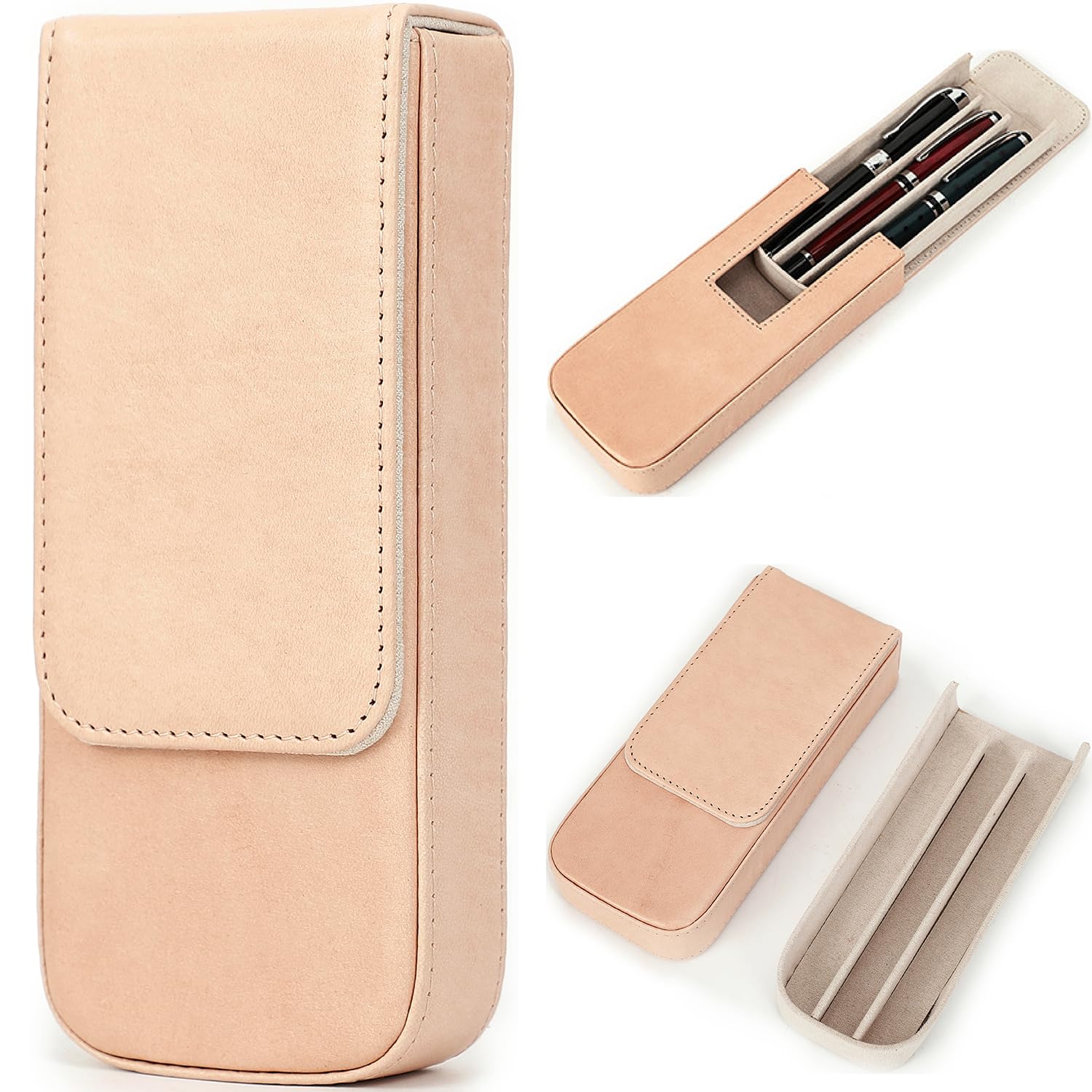 CataPurus Top Grain Genuine Leather 3 Fountain Pen/Pencil Case Organizer, Solid Minimalist Design, Handmade, Magnetic Closing with Drawer Design, Gift Choice for Man/Woman/Office, Glossy Nude, 3 Slots — image 1