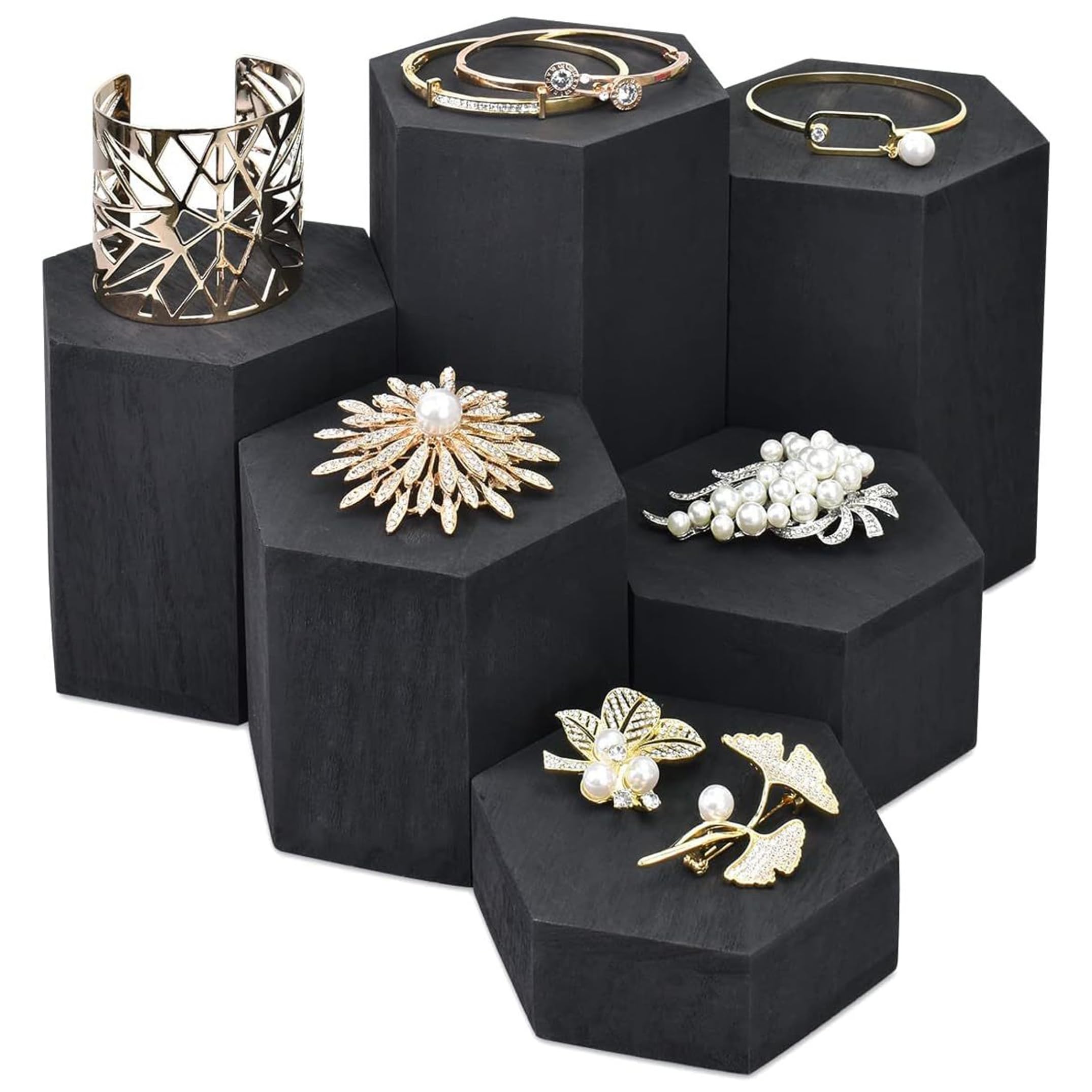 Striegro Table Risers For Display, 6-pack Black Wooden Display Risers, Hexagonal Pedestal Stands For Figurines, Jewelry, Perfume And Home Decor..