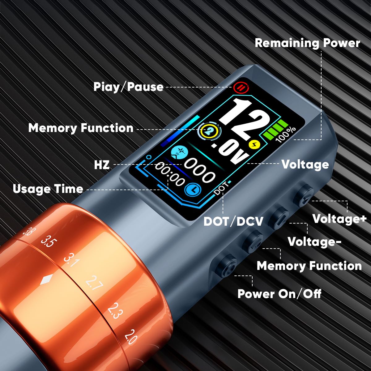 Kit penna rotativa per tatuaggio wireless - Set macchinetta per tatuaggio con corsa regolabile da 2,0-4,2 mm con schermo LCD TFT, alimentatore 1600 mAh,Nero,A