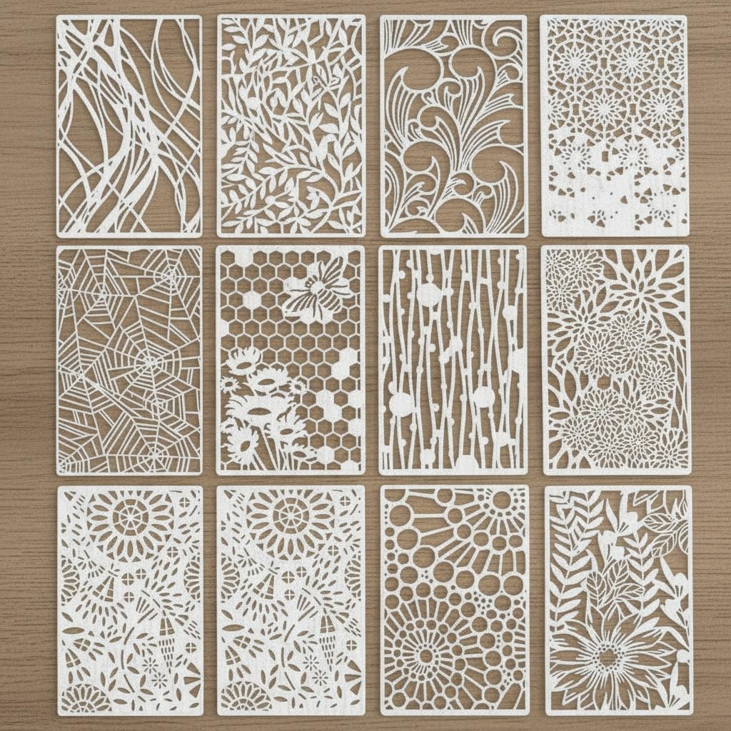 Stencils for Crafts, 12Pcs Reusable Wall Stencils for Painting Geometric Floral Templates for DIY Art on Canvas Card Cake Wood (21×12,70 cm)