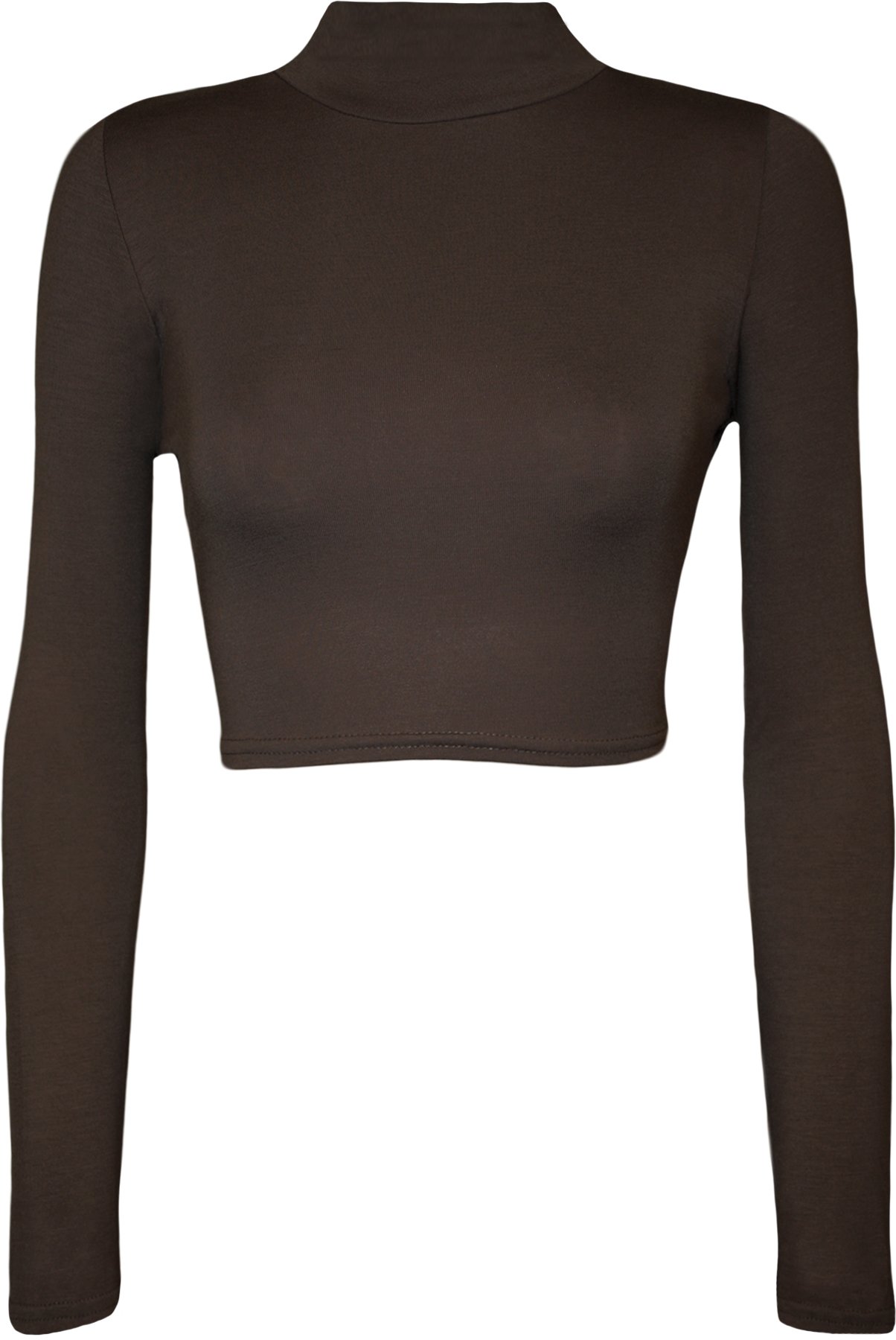 Wearall Women's Brown New Turtle Neck Crop Long Sleeve Plain Polo Short Stretch Top 12/14