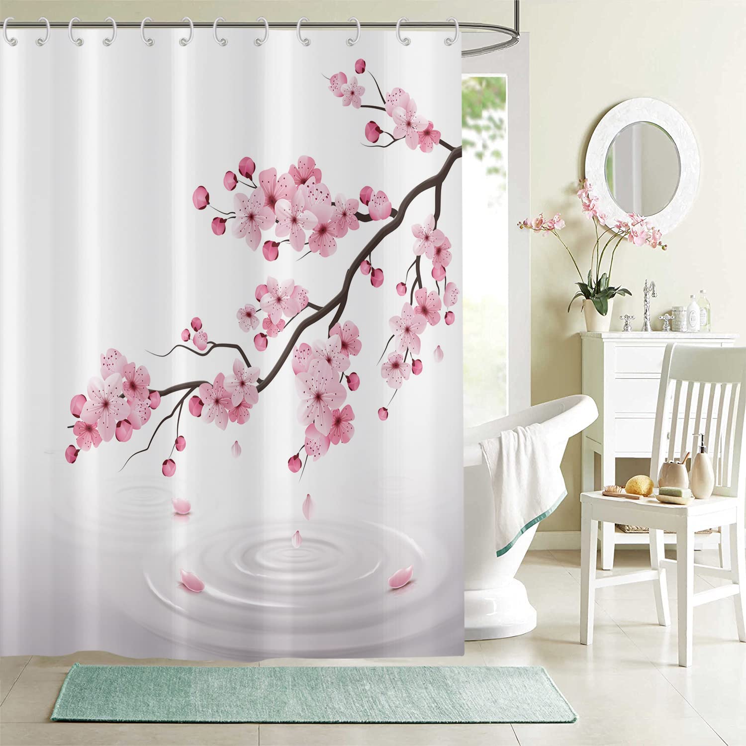 Tenda Da Doccia Con Fiori Di Ciliegio – 160x172 Cm | Tessuto Poliestere Impermeabile | Con 12 Ganci | Motivo A Vite Piangente