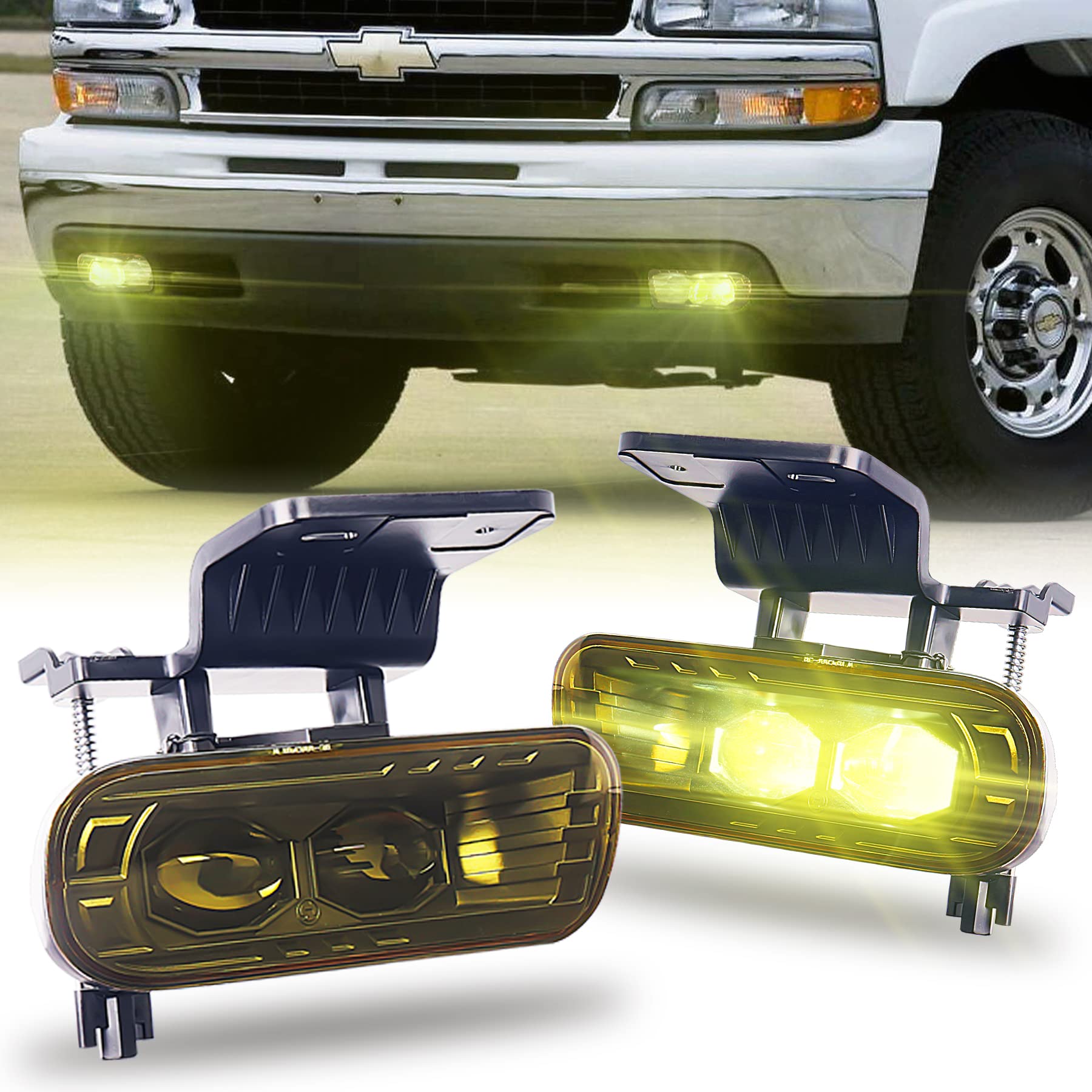 LED Fog Lights Yellow Lens Dual 4D Projector Bumper Lights Compatible with 1999-2002 Chevy Silverado 1500 2500, 2000-2001 Silverado 3500, 2000-2006 Chevrolet Suburban Tahoe