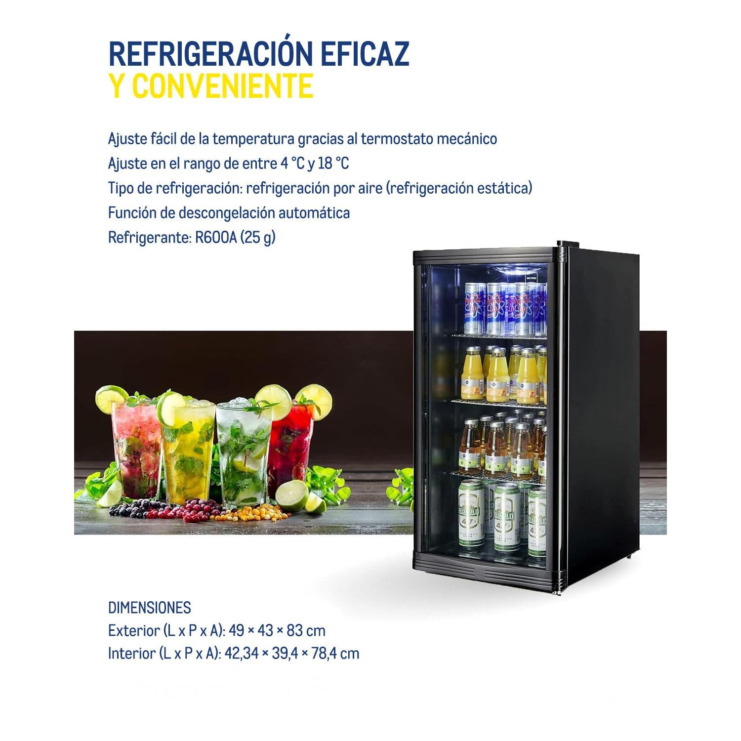 METRO Professional Mini Frigorífico GPC 1088, nevera pequeña con puerta de cristal, 88 L, negro, 1.052 kWh/24h, con estante ajustable para gastronomía, restaurant, tiendas