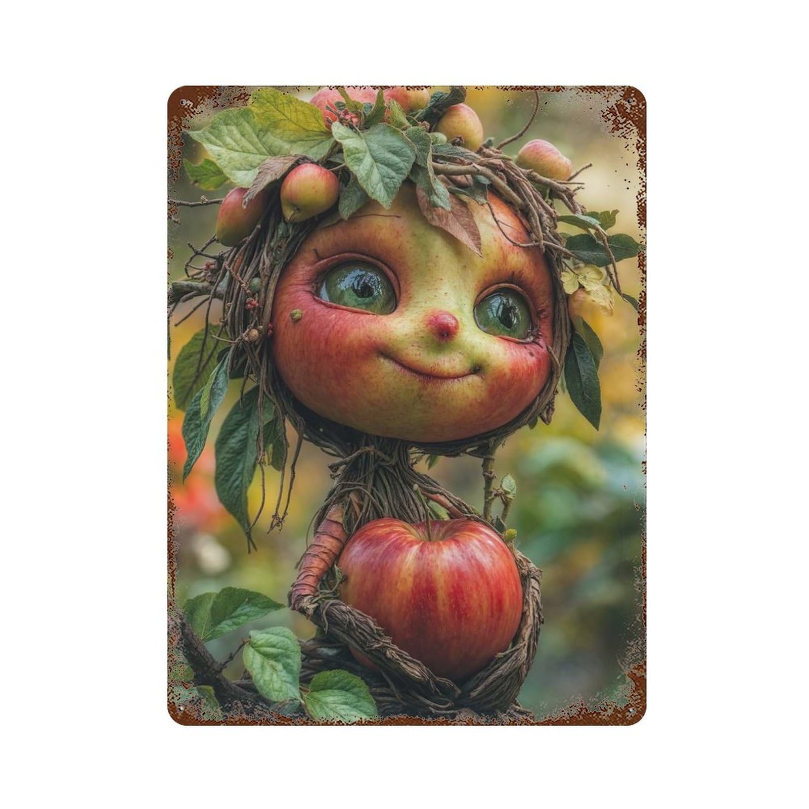 Rust Effect Apple Creature Holding A Apple Rusty Metal Tin Sign 15.7"x11.8", Industrial Home Decor for Living Room, Hallway And Home Decor