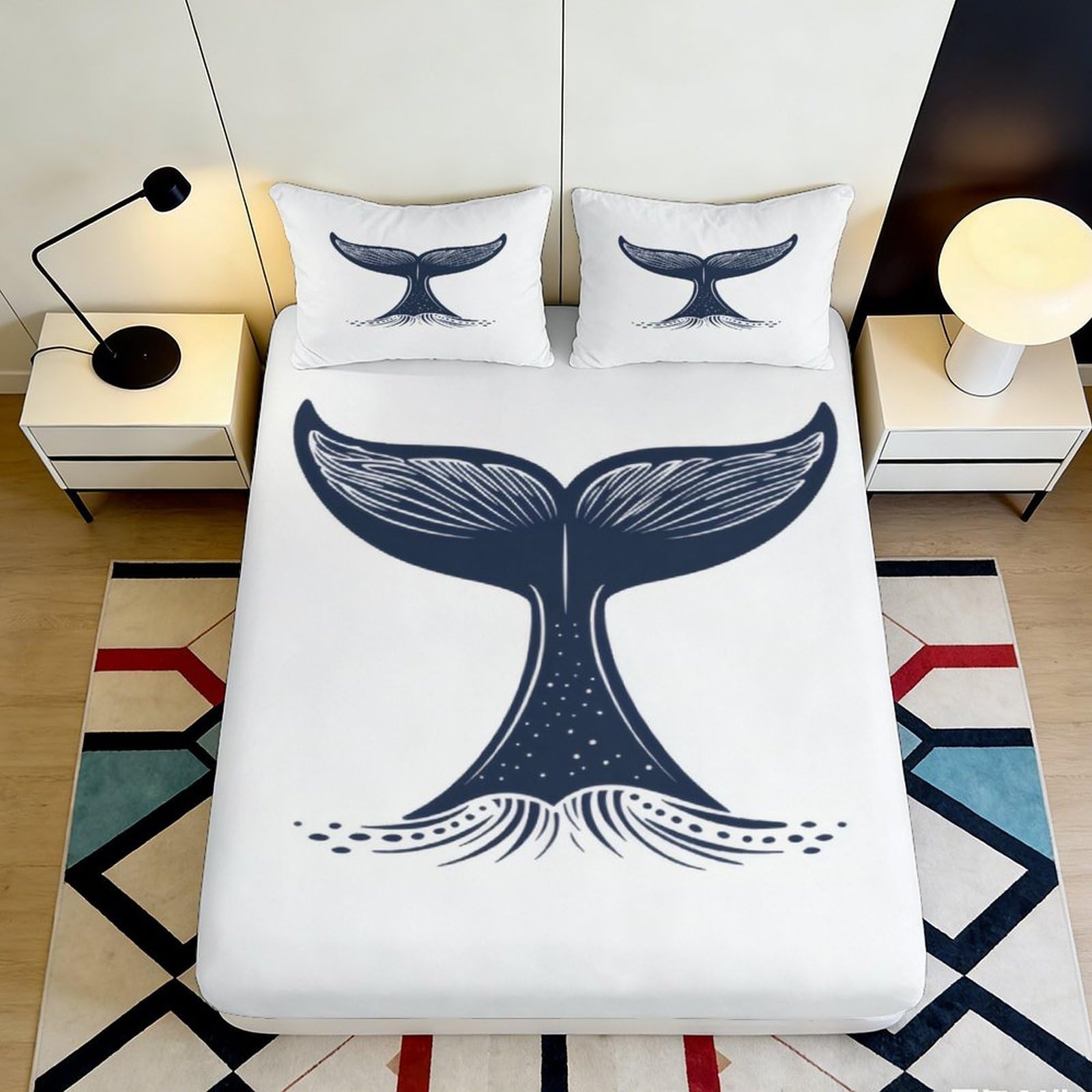 3D Printed Whale Tail Fitted Sheet Microfiber Anti-Slip Ocean Bed Sheet for Bedroom Dorm Mattress Protection 90x200x25cm