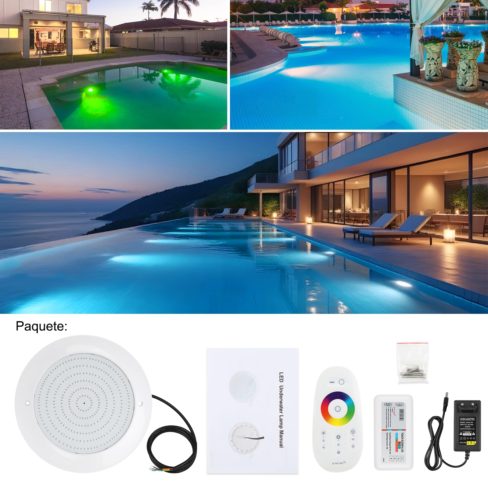 COOLWEST Resina llena de iluminación para piscina LED 32 W RGB, ultraplano, con mando a distancia, cambio de color, lámpara LED para piscina, IP68, resistente al agua, 24 V CC, montaje en superficie