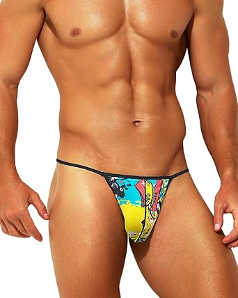 Mens Mesh T-Back G-String Thong Underwear Low Rise Sexy Printed Bikini Briefs