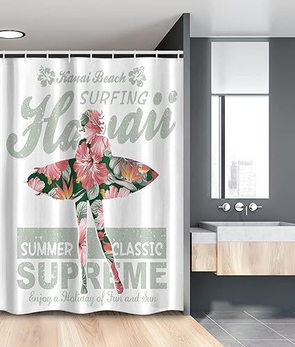 Miniatura 55 de Ambesonne Cortina de ducha hawaiana, diseño de hibisco hawaiano tropical, silueta de niña, tabla de surf, impresión de arte retro, juego de Fucsia