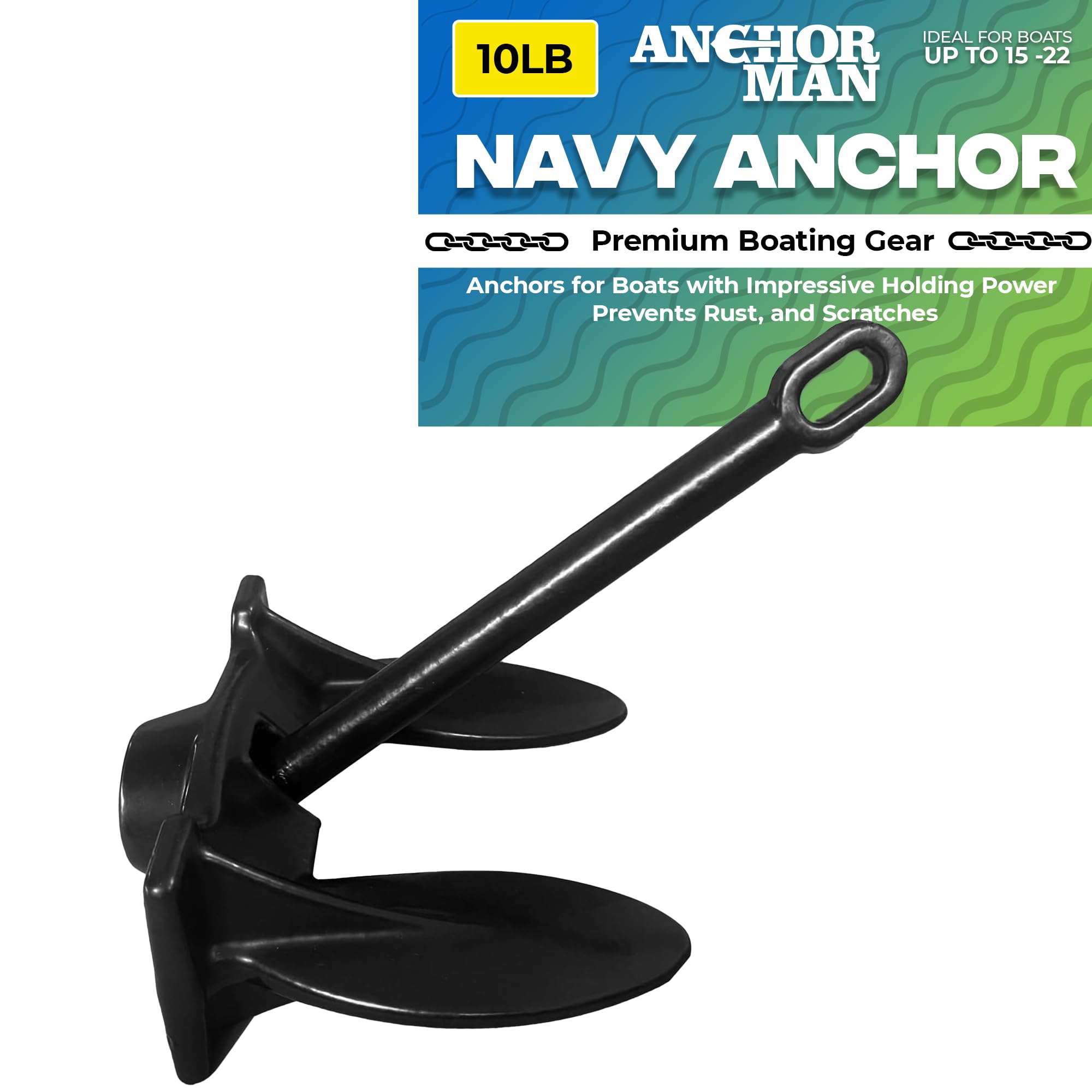 Anchor-Man Navy Anchor (10lb 15lb 20lb 30lb) – Black Vinyl Coated Naval Anchors for Boats with Impressive Holding Power - Prevents Rust, and Scratches