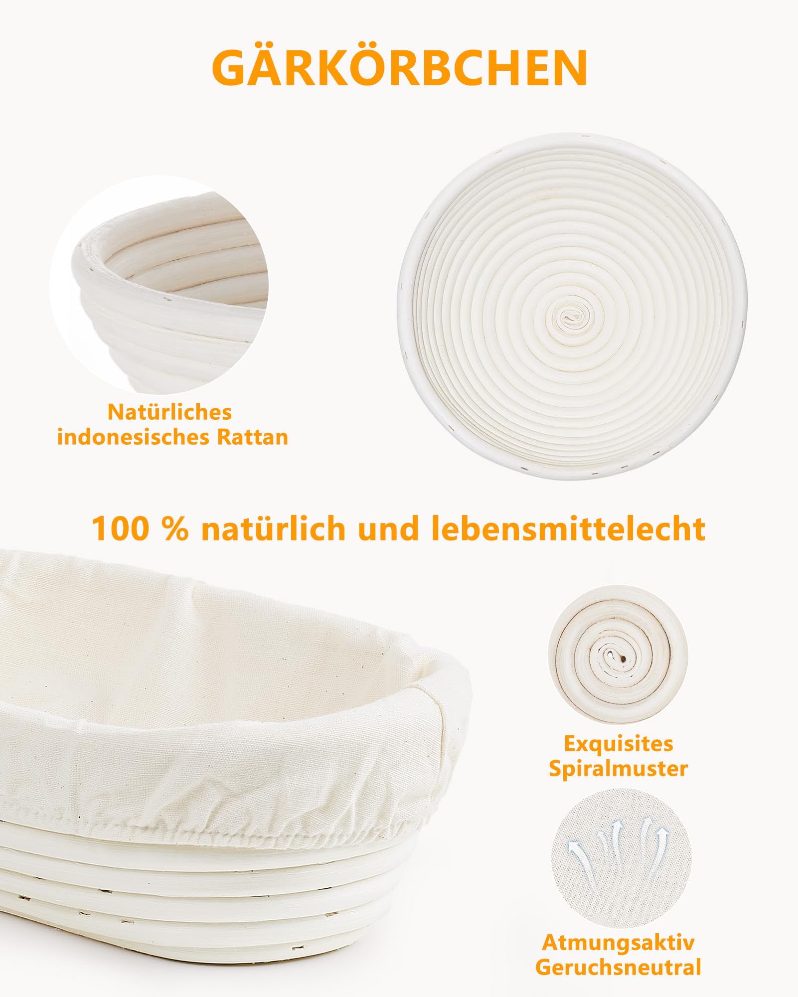 JOJOSEE Gärkörbchen, Brotgärkorb-Set Für Sauerteig Starter Set, Gärkorb natürlichem Rattan, Sauerteig-Gärkorb (inkl. Teigschaber, Rostmesser, Gärtuch & mehr) - Komplett Ausrüstung für Anfänger Profis