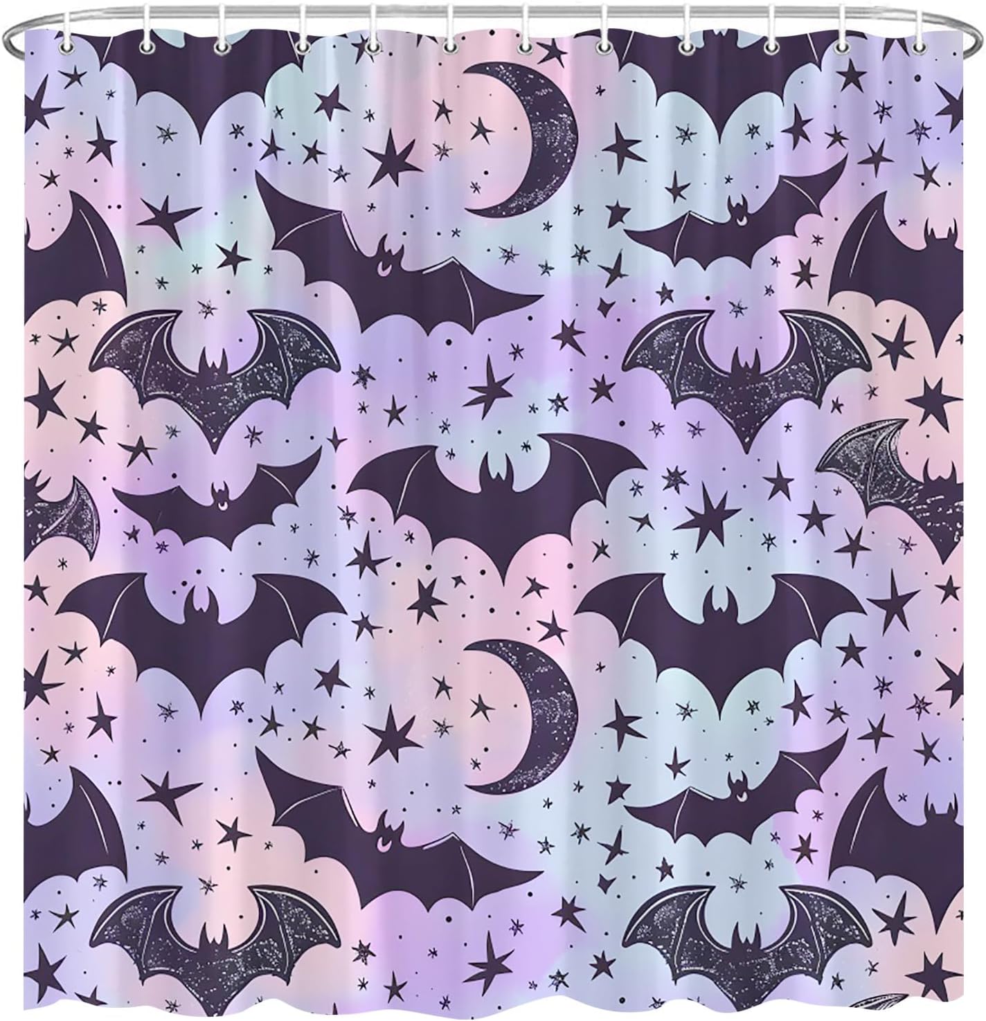 Bat Shower Curtain Fantasy Spider Moon Star Colorful Spooky Gothic Happy Halloween Polyester Fabric Bathroom Decor 70×78 Inch with Hook