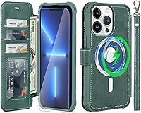 Vista 25 de VANAVAGY Magsafe - Funda tipo cartera compatible con iPhone 13 Mini para carga inalámbrica, de piel sintética, con correa para la muñeca, bloqueo