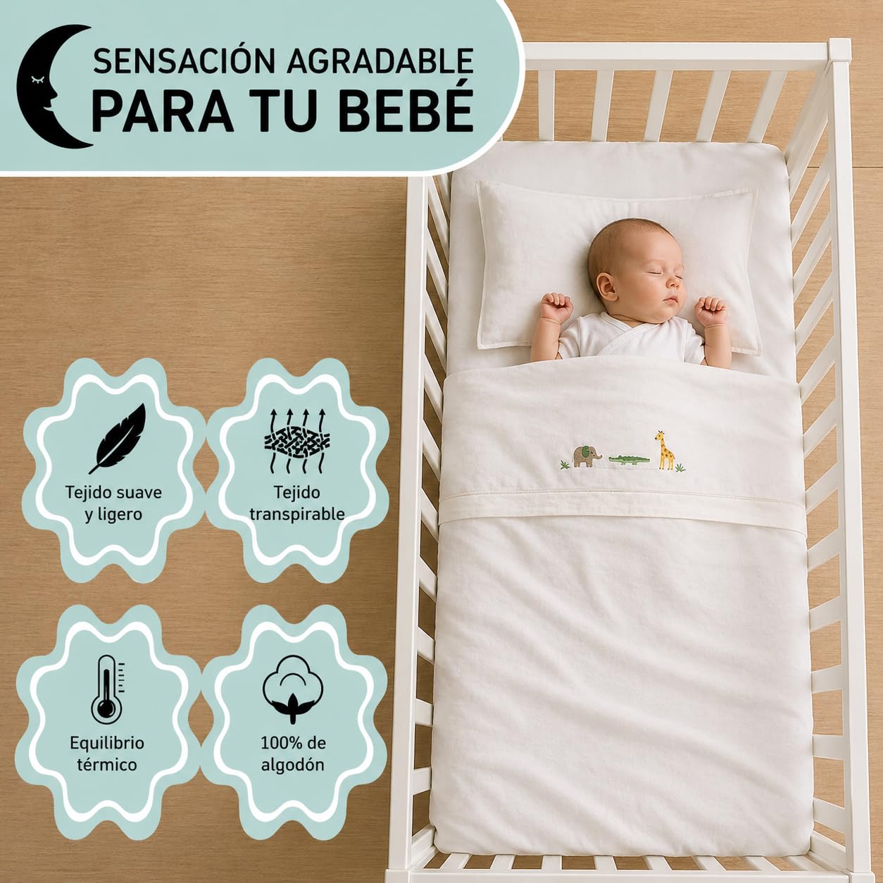 Lenzuola 100% cotone per culla, 60 x 120, 3 pezzi, colore: beige (lenzuolo con angoli + lenzuolo superiore + federa per cuscino) - Made in Spagna