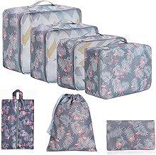 7 Pcs Foldable and Lightweight Waterproof Packing Cubes for Suitcase Travel Luggage Organizers For Clothes, Cosmetics, Makeup, Shoes, Underwear Packing Bags (Grey Flamingo)