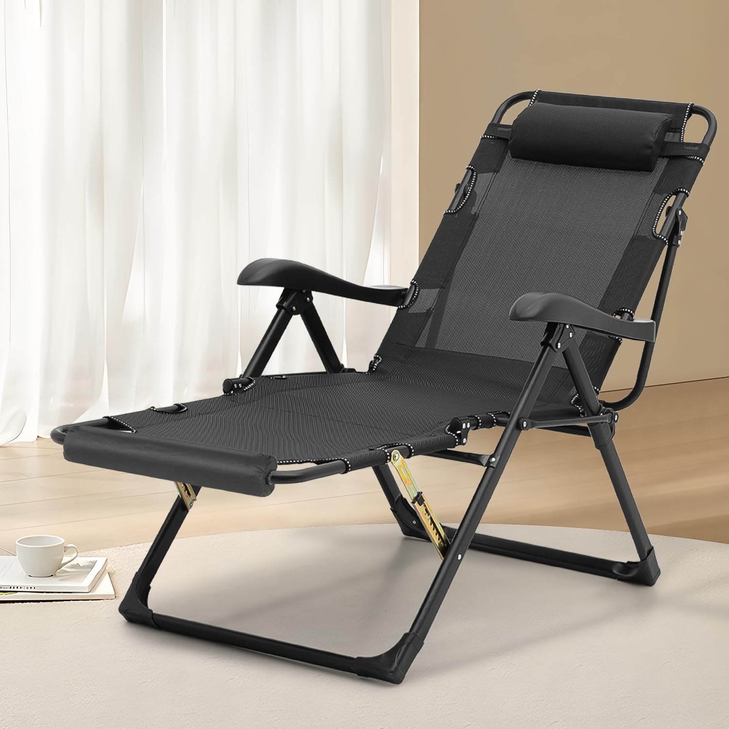 Athena Collection Zero Gravity Outdoor Lounge Chair Recliner Set of 2, 27" Width Reclining Pool Lounge Lawn Chairs with Headrest Foot Pad, Outdoor Chaise for Beach Patio Backyard Outside, Black