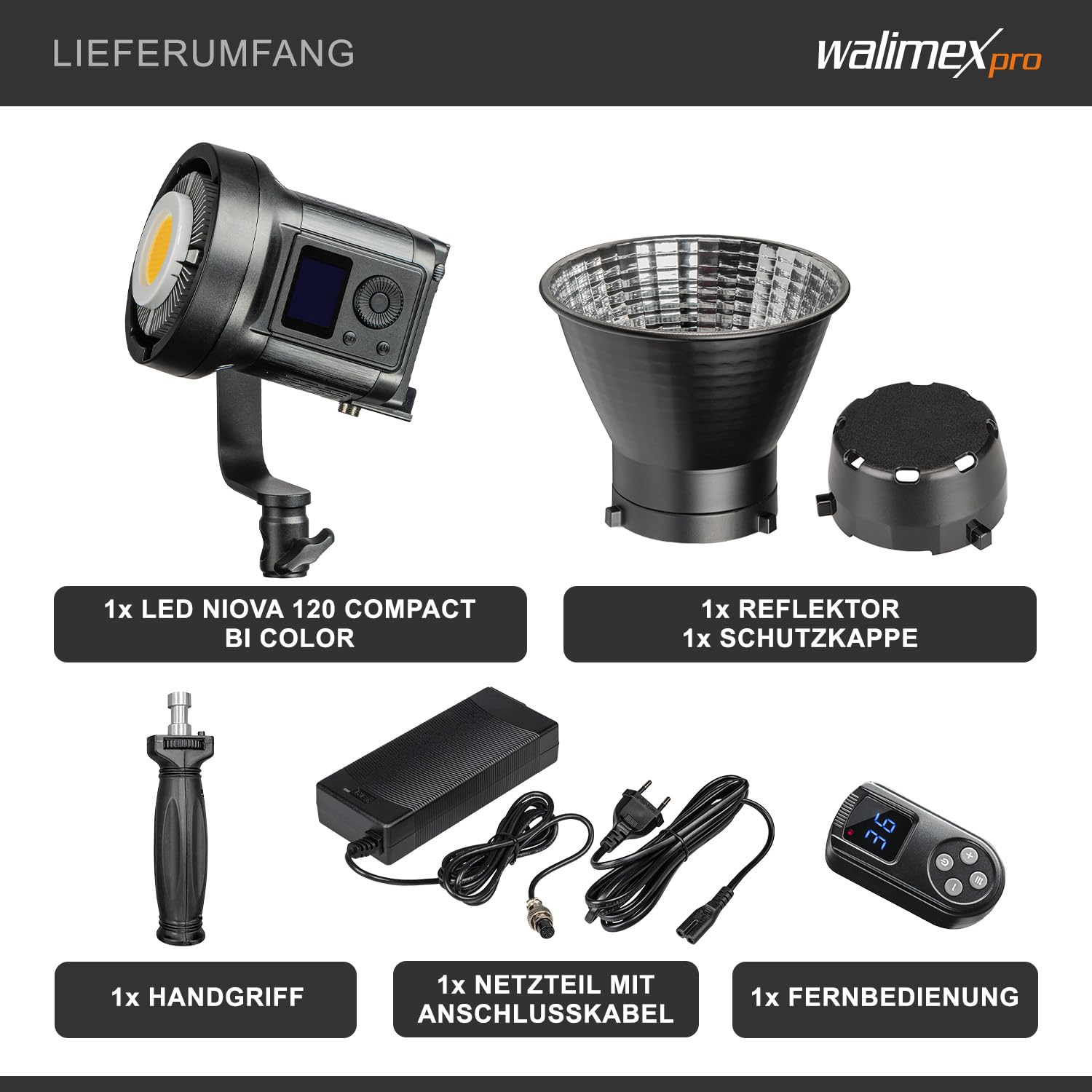 Walimex pro Niova 120 W Compact Bi Color ściemniana lampa wideo LED z reflektorem Bowens I światło studyjne z technologią COB LED I 3000-6500 K, CRI=95+ I natężenie światła regulowane w zakresie