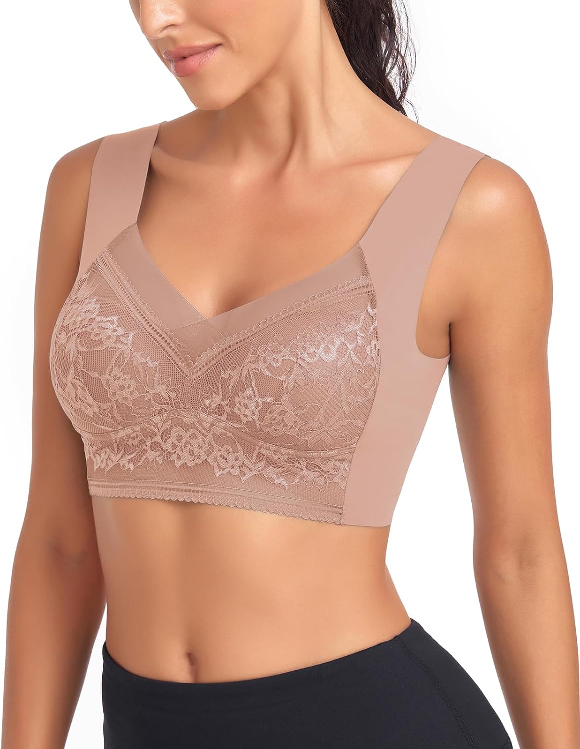WOWENY Seamless Lace Bras for Women Wirefree Comfortable Mesh Padded Soft Back Smoothing Bra