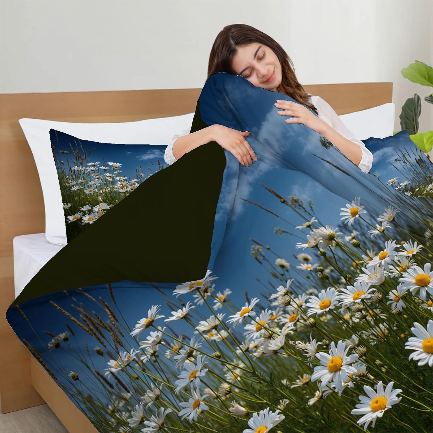 3D Duvet Cover California King Size for Kids Teen Dark Green White Daisies Against Blue Sky Pattern Plant Bedding Sets,3D Print Comforter Cover Teen Boys Girls Bedroom Decor Bed Cover