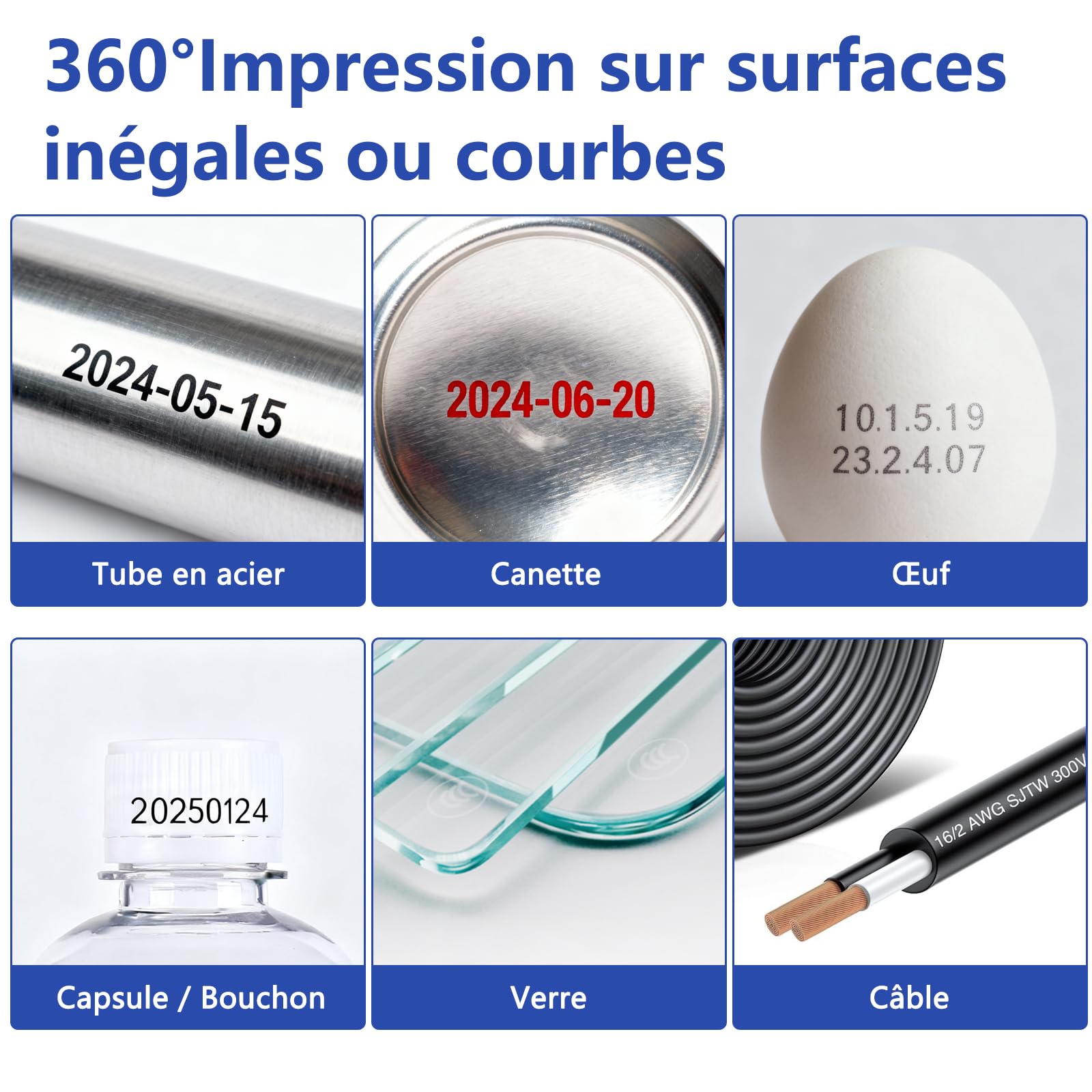 Impresora de inyección de tinta portátil, 【con 55 ml cartucho】, secado ultra rápido (<1s sobre cartón), 16H Autonomía, 1-4 líneas, altura 2-25,4 mm, 600 DPI 360 ° impresión QR/código de barras, fecha