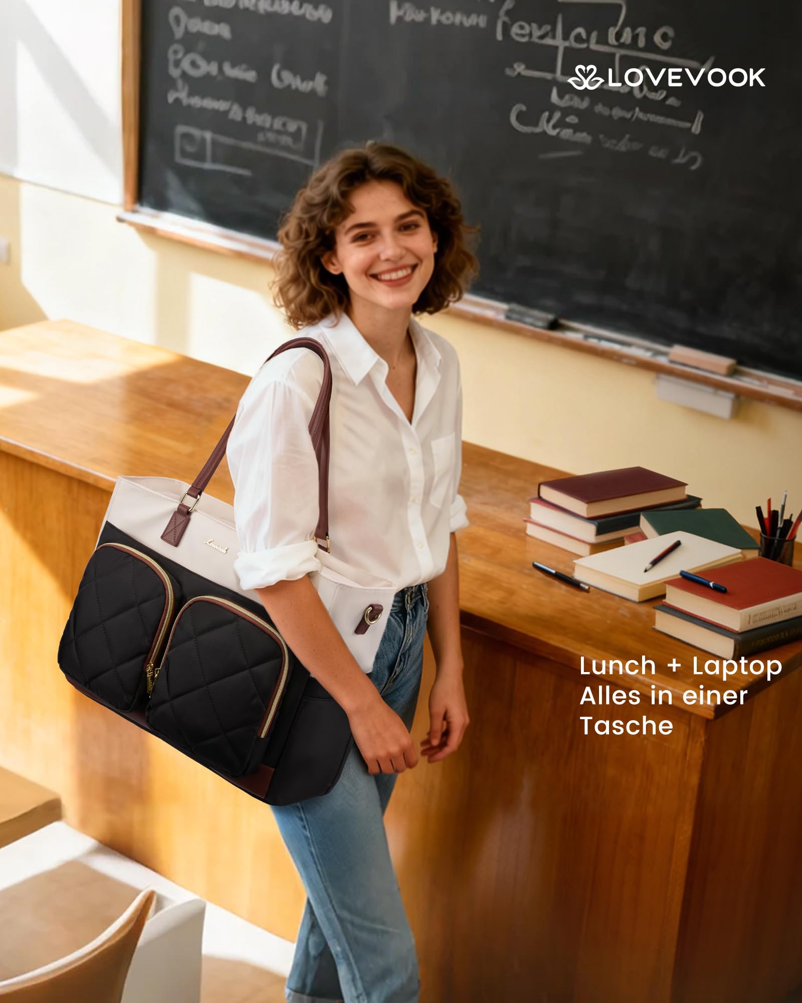 LOVEVOOK Elegancka torebka damska, duża, z izolowaną kieszenią chłodzącą, torba robocza, torba na laptopa o przekątnej ekranu 15,6", z wieloma przegródkami, torba nauczycielska, aktówka, torba na