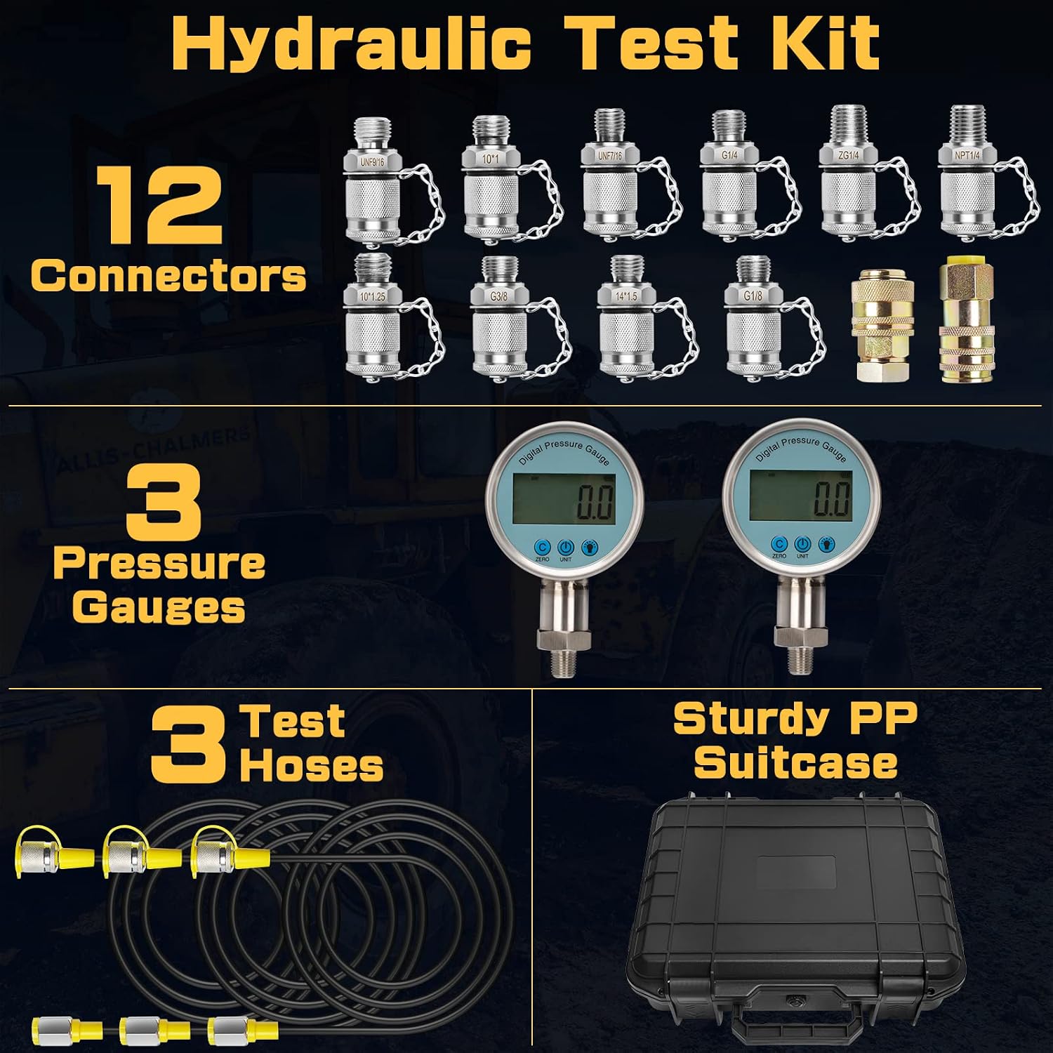 Digital Hydraulic Pressure Test Kit, Hydraulic Pressure Gauge Tester Set with 2 Digital Gauges (16MPa/80MPa)