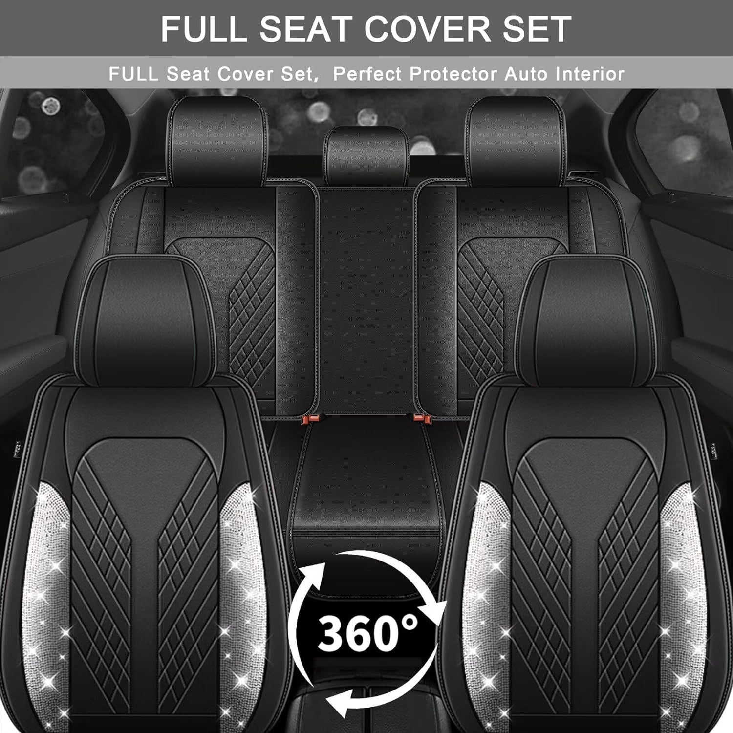Bling Diamond Car Seat Covers Fit for Nissan Versa 2009-2025 2026 Waterproof Fuax Leather Seat Cushions Full Set for Woman (Black,5 Seats)
