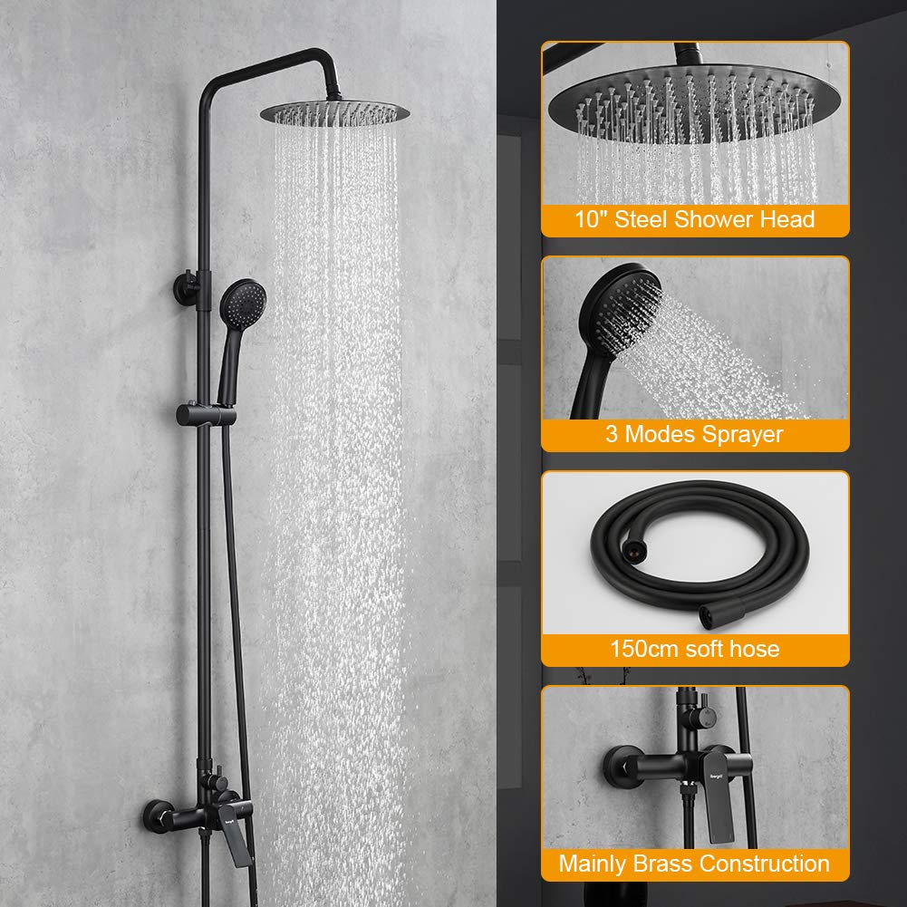 Ibergrif M17004B Columna Ducha Negra, Duchas de Baño Columna con Rociador, Alcachofa, Manguera, Barra Ajustable y Soporte, Cómodo, Barra Ducha Pared 2 Experiencias de Baño