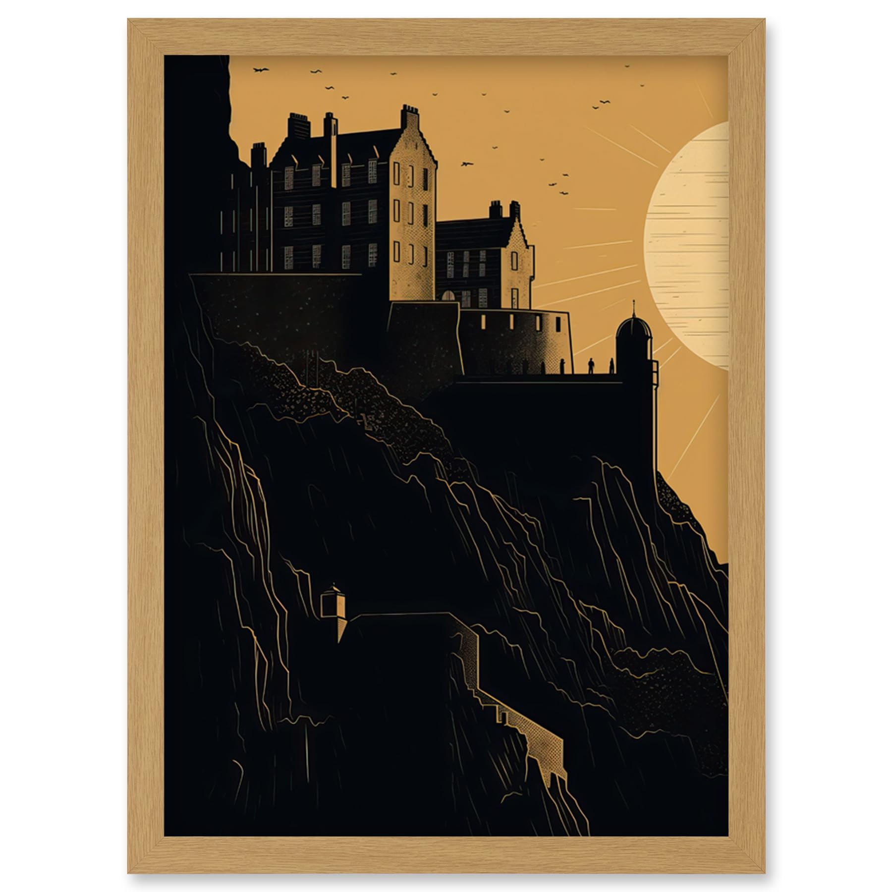 Artery8 Edinburgh Castle at Sunset Linocut Illustration Artwork Framed Wall Art Print A4