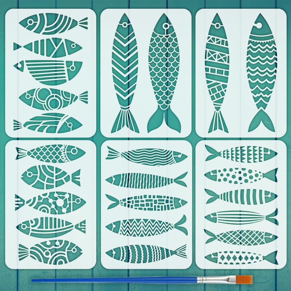 FINGERINSPIRE - 6 plantillas de pez geométrico con un pincel 29,7 x 21 cm, plantillas creativas para pintar peces con temas marinos, plantilla PET para pintar en madera, suelo, azulejos, paredes, tela