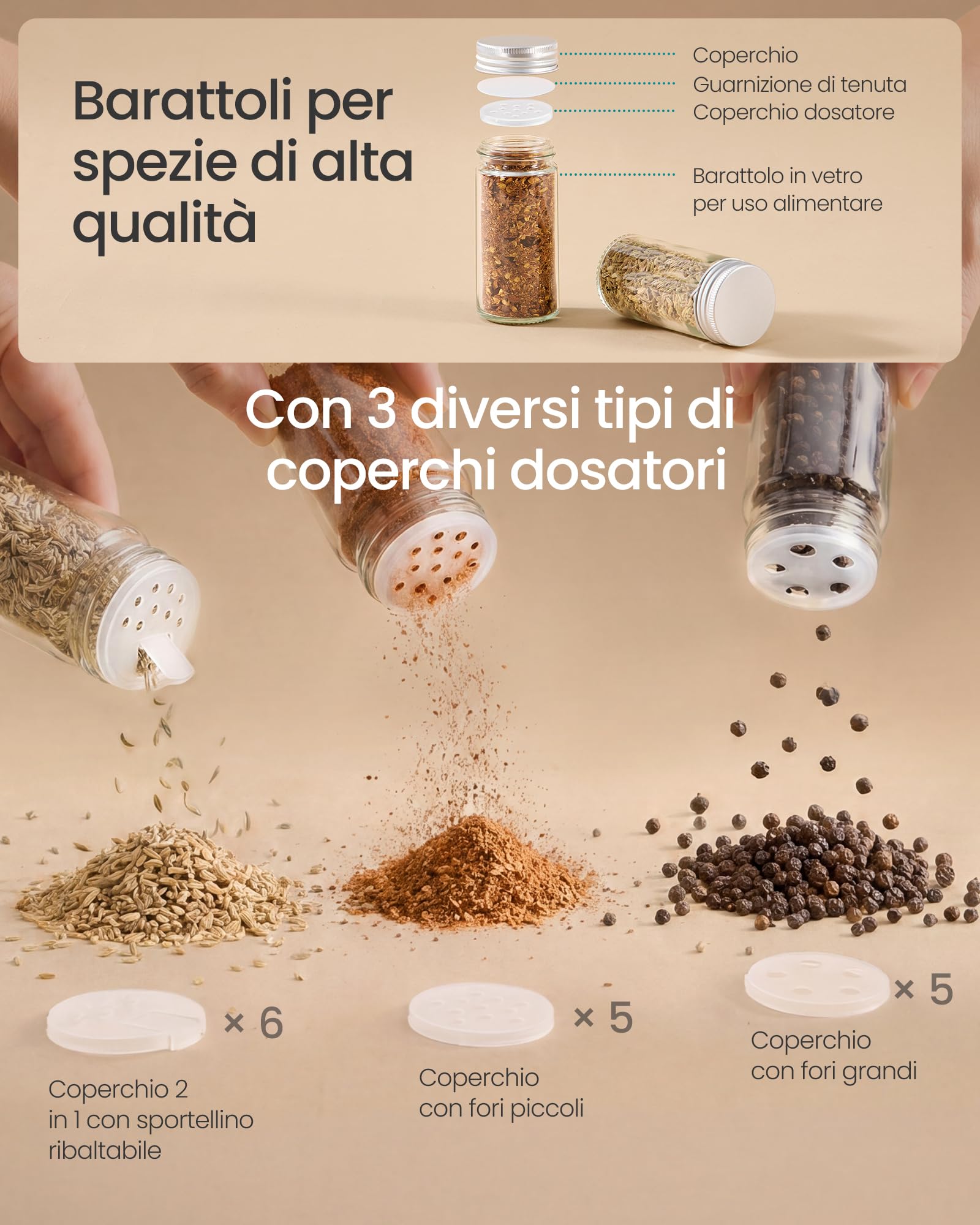 SONGMICS Portaspezie Girevole, con 16 Barattoli in Vetro, Organizer da Cucina, Porta Spezie con Etichette, Imbuto, Pennarello, Spazzola, Bianco Opaco e Bambù Naturale KCS256W101