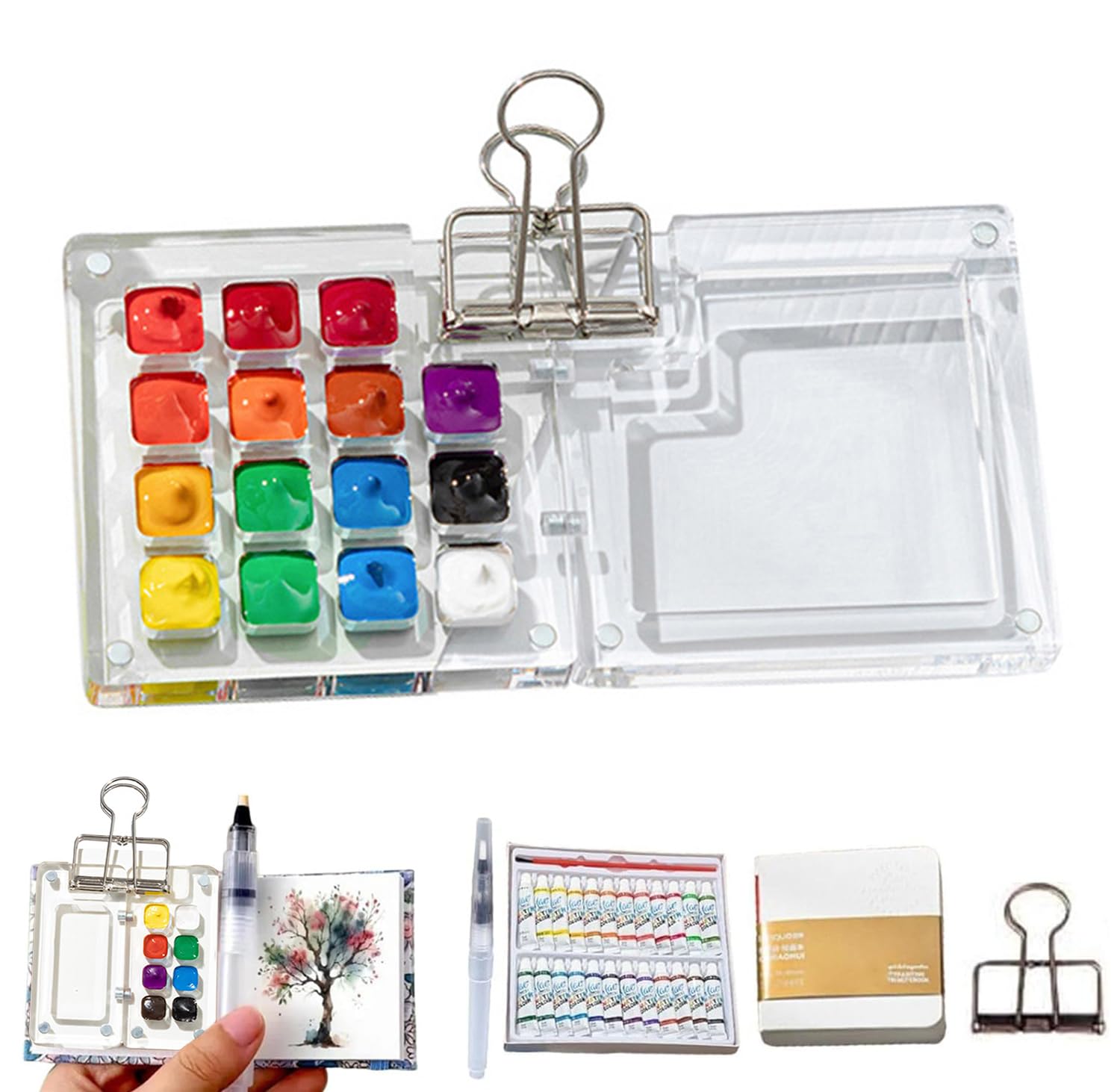Hi-Y2kgirls B2-15 Grids Portable Palette, Mini Travel Paint Set With 15 Grids Mini Wood Palette Box, Pocket Artist Watercolour Palette, Sketchbook Palette Pocket Travel Paint Tray Box With Metal Clip, Watercolor Pen