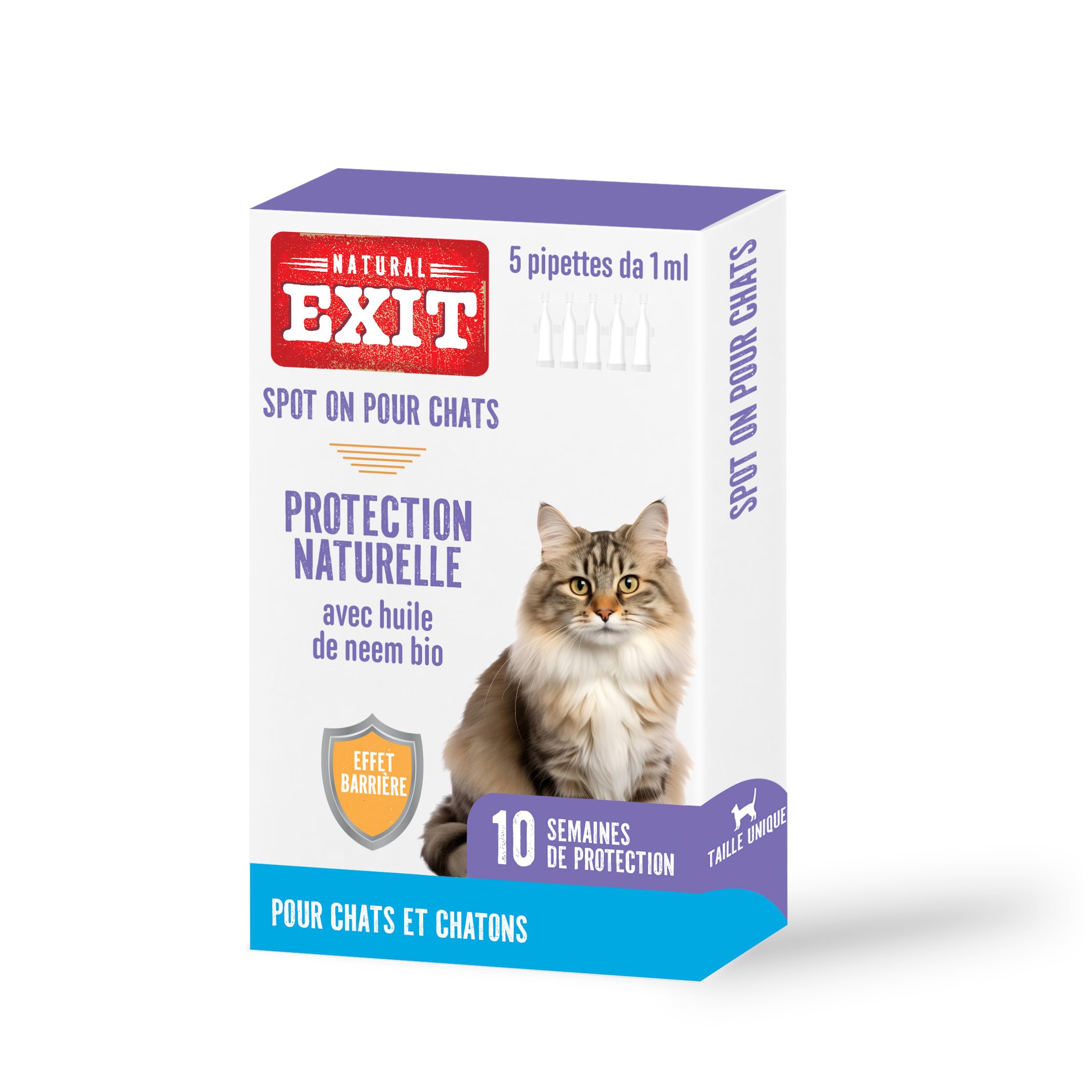 Spot on Antiparasitaire Naturel pour Chats et Chatons de Longue Durée, 5 Pipettes de 1 ML, Protège Contre Les Puces, Tiques, Phlébotomes et Moustiques