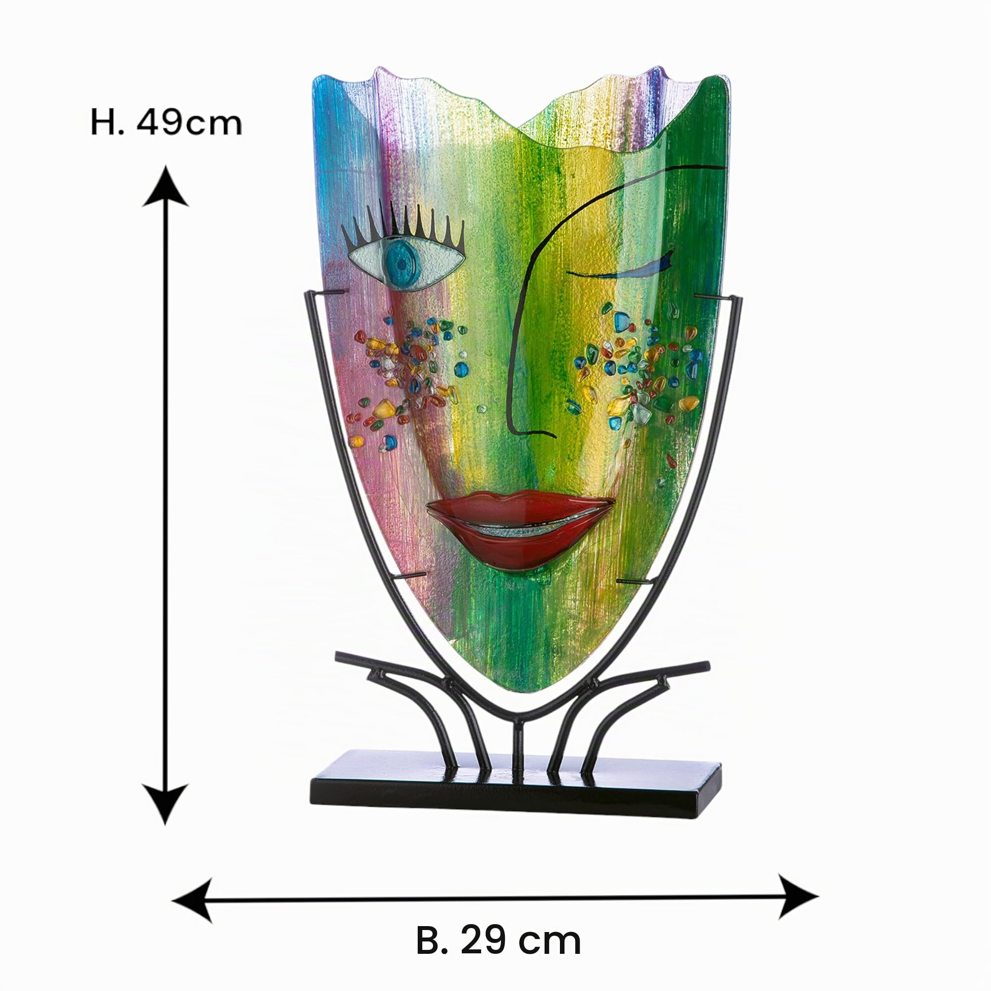 Glas Art Vase Dekovase Gesichtsvase aus Metallfuß - Deko Wohnzimmer - Geschenk für Frauen Geburtstag - handbemalt Mehrfarbig - Höhe 49 cm