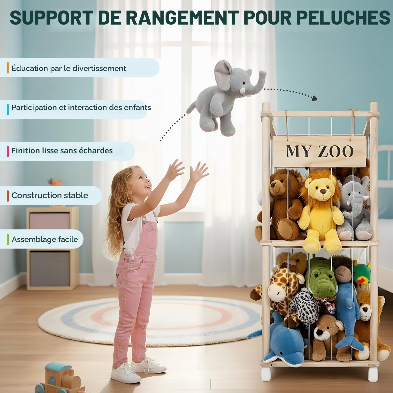 Rangement Peluche Enfant 2 Étages en Bois avec Roues 360° 138 x 41 cm Support Doudous Jouets Chambre Enfant