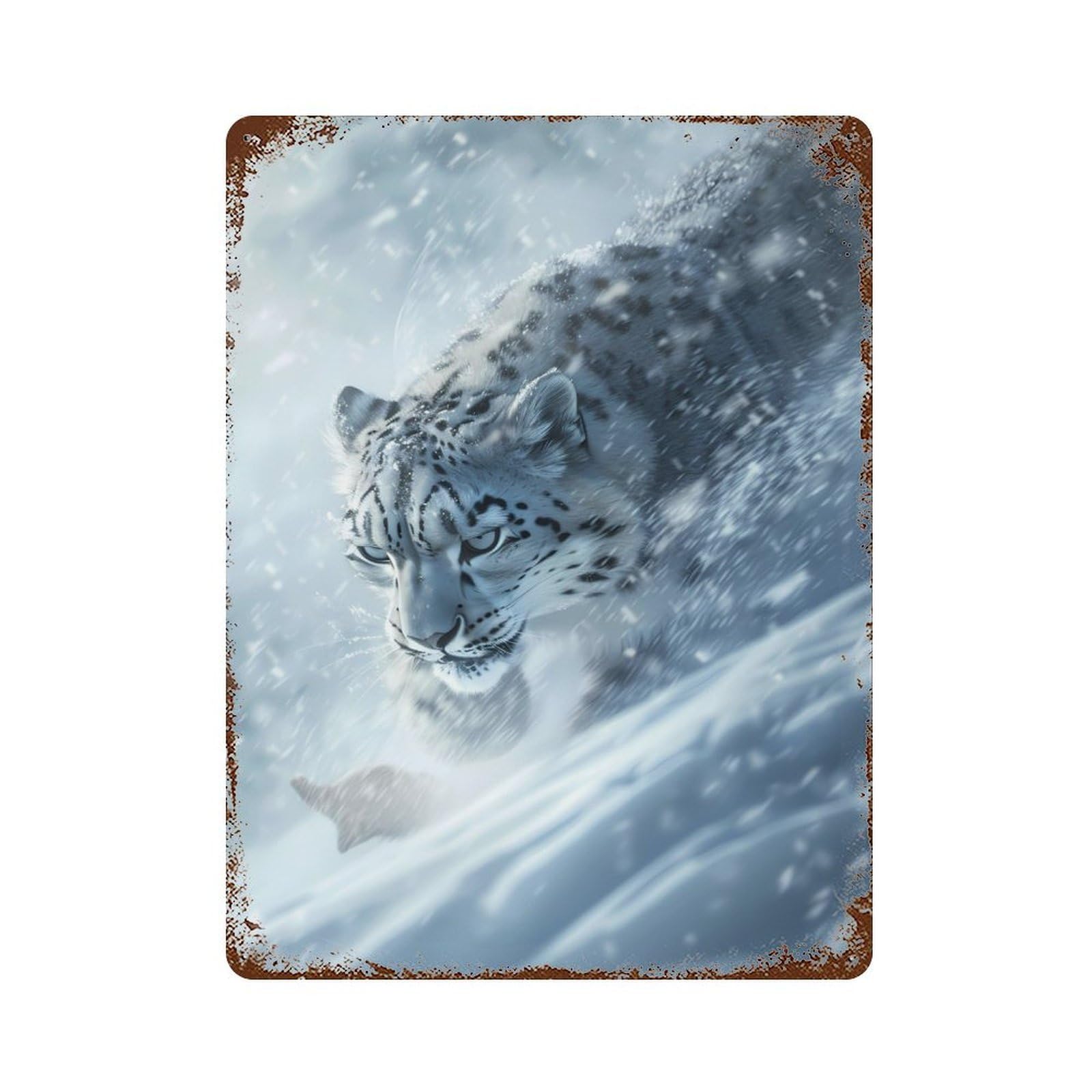 Snow Leopard Lurking Vintage Wall Sign 15.7"x11.8", Rust Effect Metal Decor for Living Room, Hallway And Home Decor