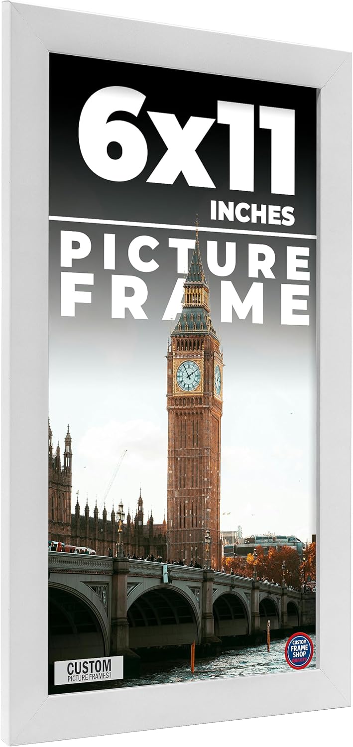 6x11 Frame White Real Wood Picture Frame Width 0.75 Inches | Interior Frame Depth 0.5 Inches | Bianca Mid Century Photo Frame Complete with UV Acrylic, Foam Board Backing & Hanging Hardware