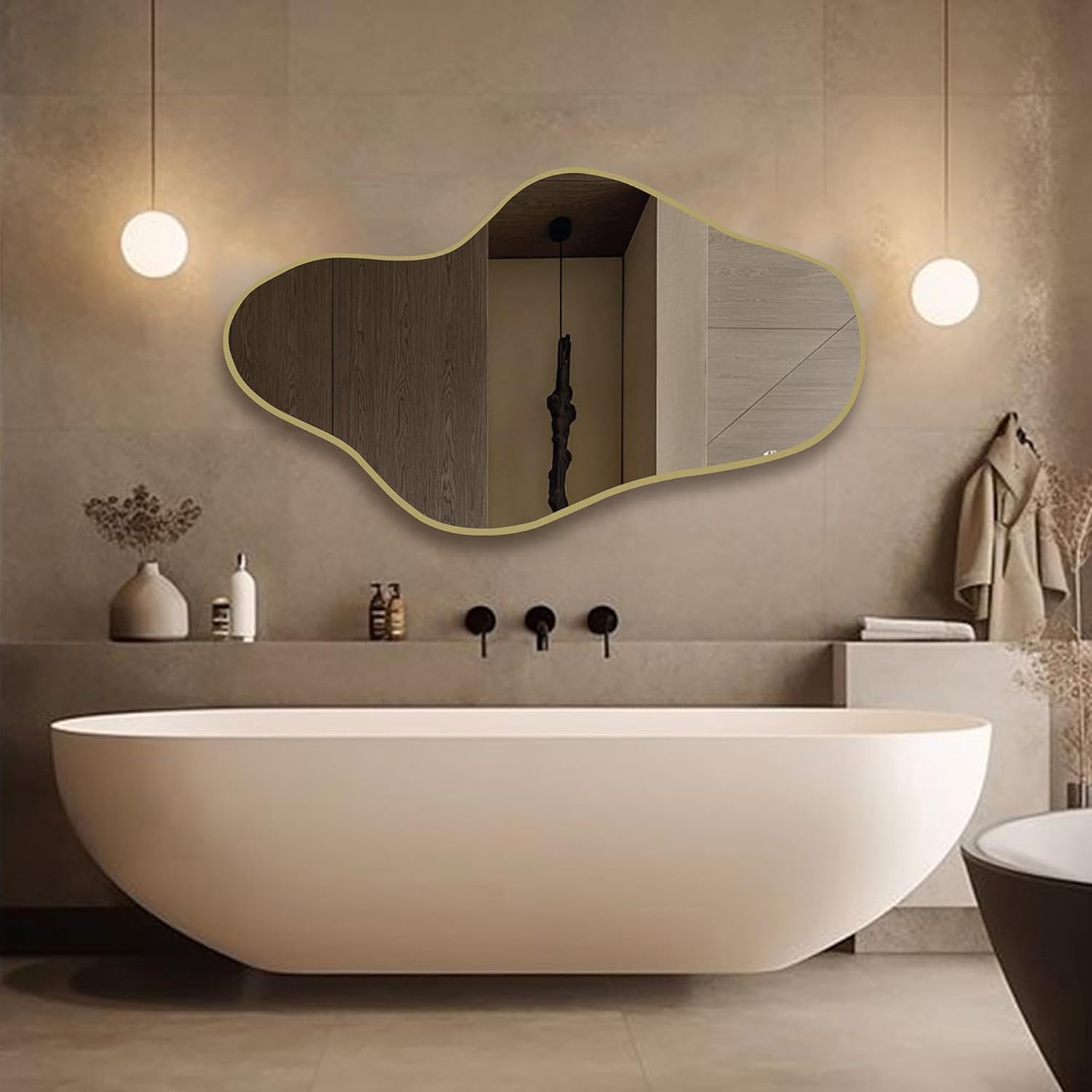 Mirror Full Length - Wall Mirrors Decorative Asymmetrical Wood Frame for Bathroom, Bedroom, Living Room, Cloakroom, Entryway (Brass, 15.7" x 27.5" in)