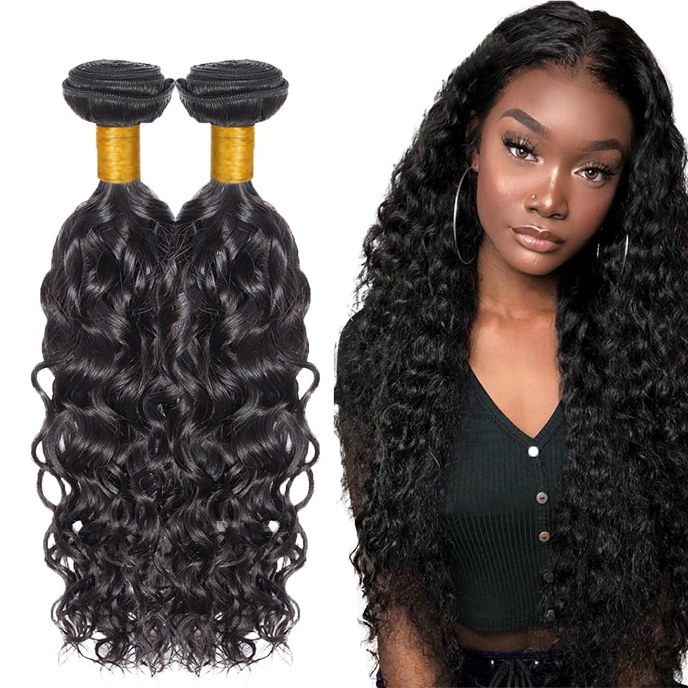 Photo 1 of #1B Human Hair Bundles Water Wave Bundles 26 28 Inch Unprocessed Brazilian Virgin Hair Weave 2 Bundles 100 Grams Per Bundle Water Wave Human Hair Extensions Natural Color Bundle