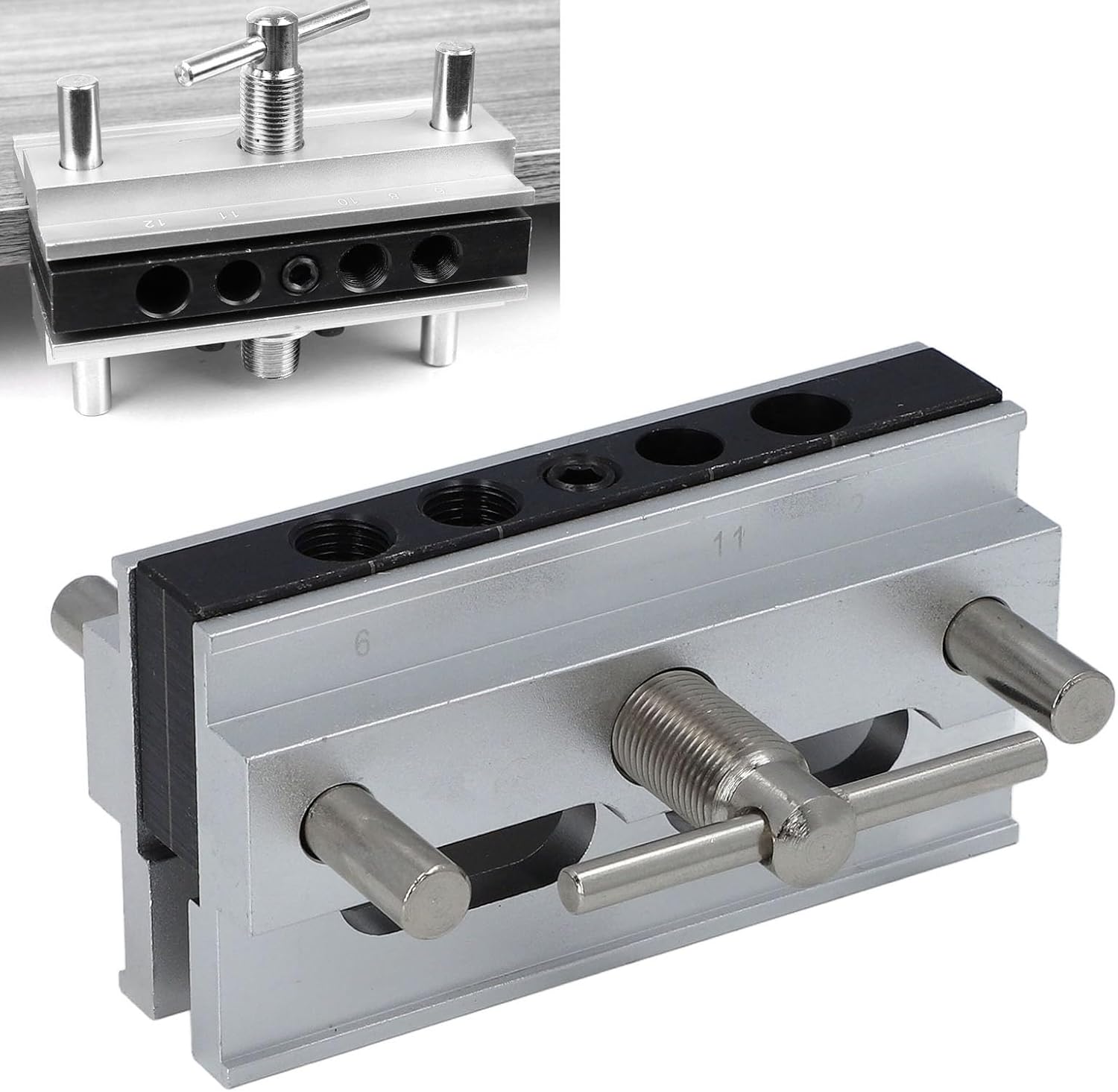 Self Centering Doweling Jig Kit Metric Adjustable Width Drilling Guide Doweling Jig Kit 6 Bushings for Straight Holes (Silver)