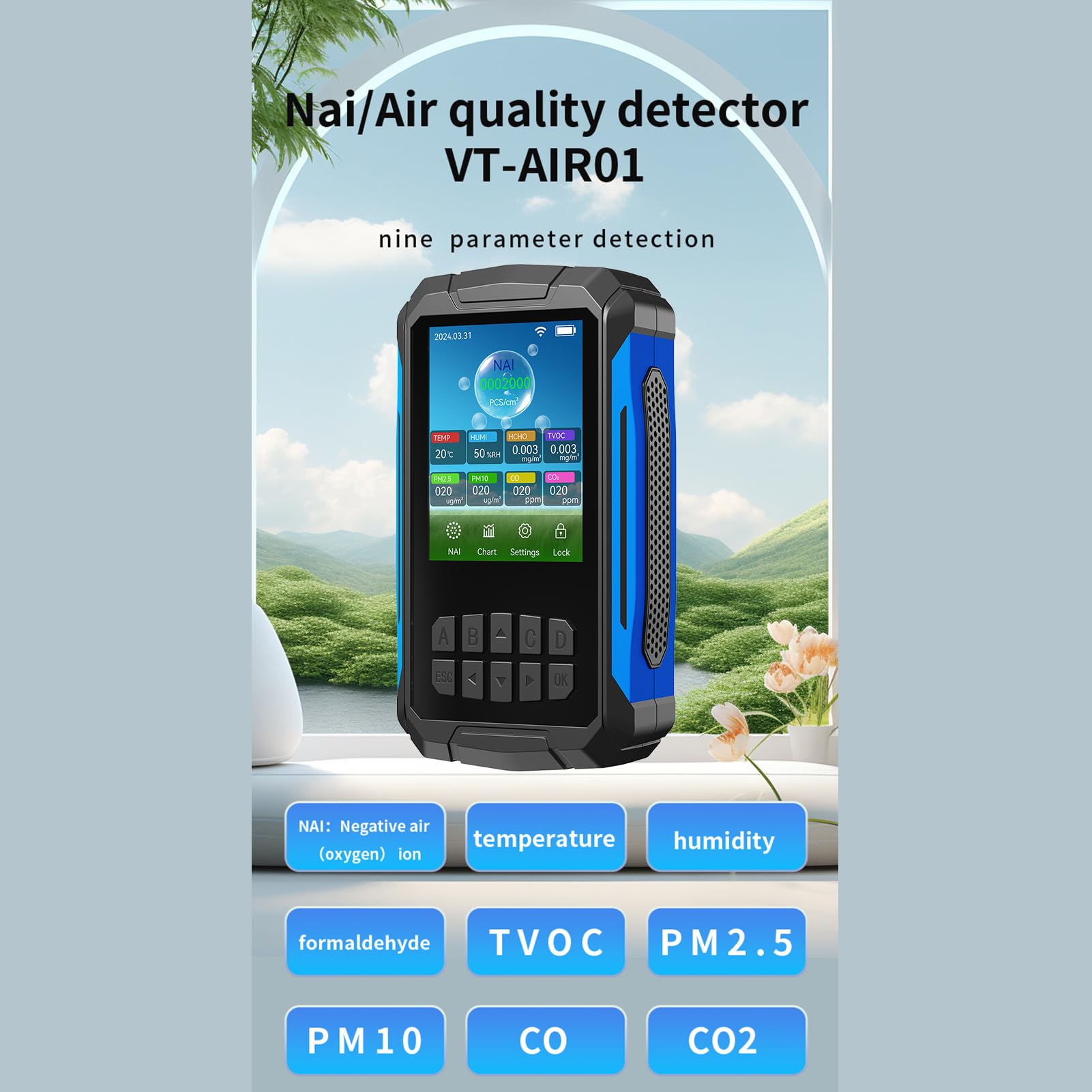 Aoresac Misurazione del Rivelatore di qualità Dell'aria con Concentrazione di Ioni Negativa/temperatura/umidità/VOC/PM2.5/PM10/CO/CO2 Tester Ionizzatore, Curve in Tempo Reale, Allarme, (#1)