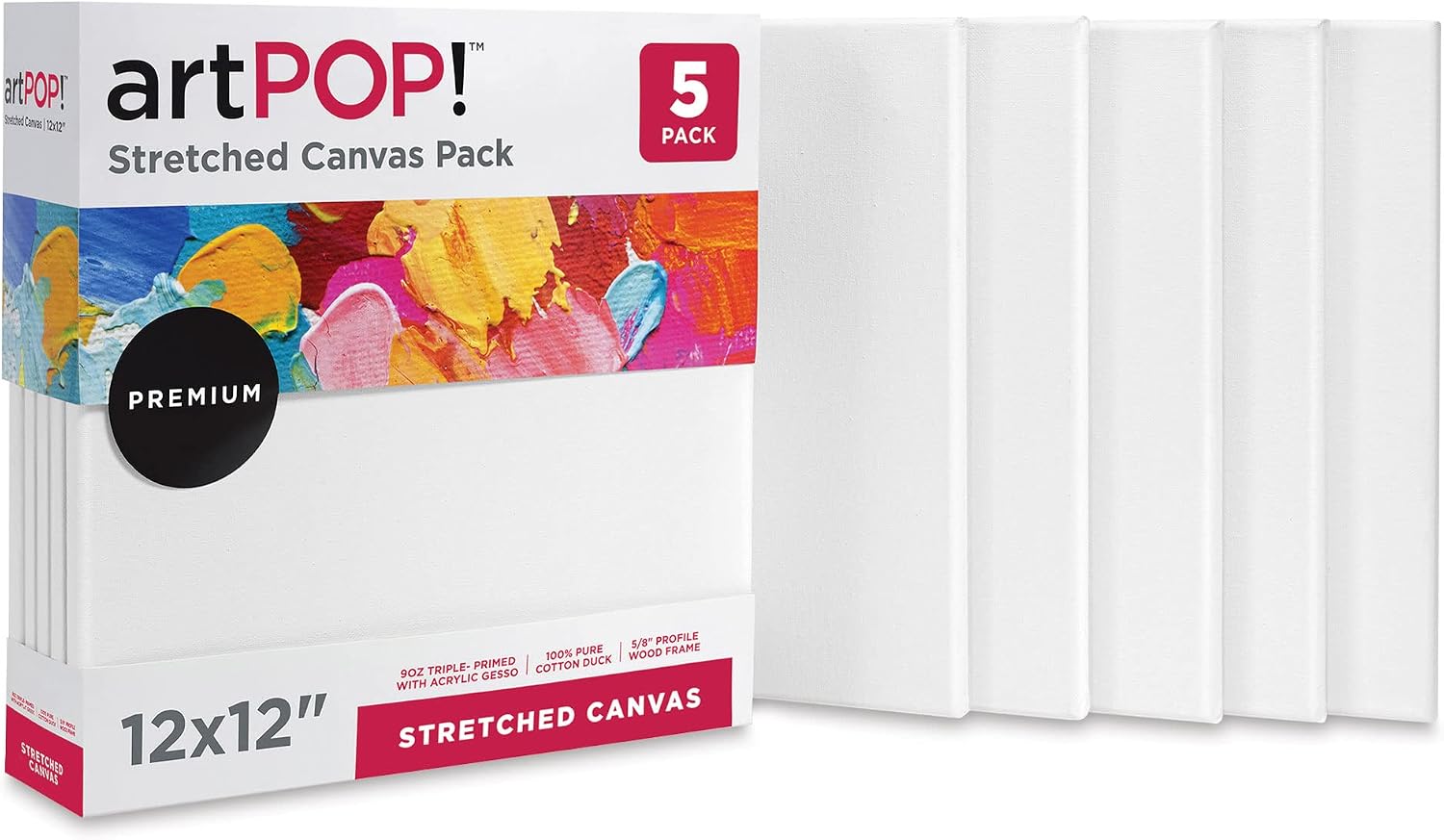 artPOP! Stretched Canvas Pack - 12" x 12" Canvas, Package of 5, 100% Pure Cotton Duck Canvas, Triple-Primed with Acrylic Gesso, 5/8" Profile, Durable Wood Frame