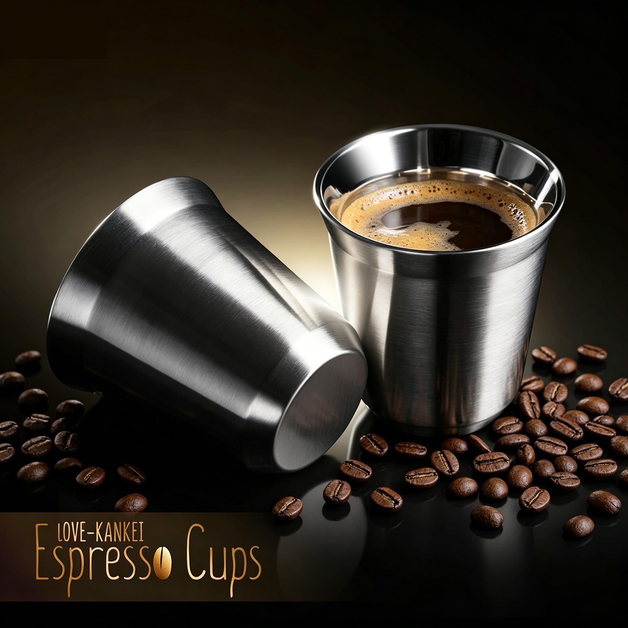 Love-KANKEI Filiżanki do espresso, filiżanki do kawy ze stali nierdzewnej, podwójne ściany, izolowane, nadają się do mycia w zmywarce, 150 ml x 2 sztuki | Izolowane kubki do kawy ze stali nierdzewnej o podwójnych ściankach 150 ml