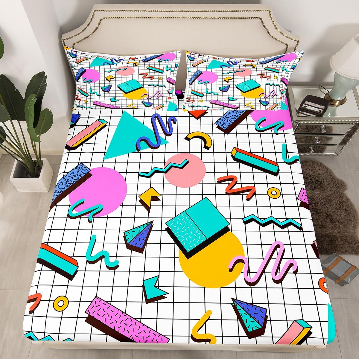 Memphis Fitted Sheet King Size, Retro 80s or 90s Geometric Fashion Style Bed Cover with 2 Pillowcases