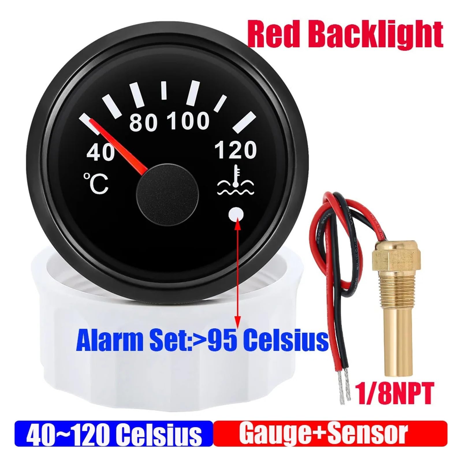 40~120 ℃ 52mm wskaźnik temperatury wody + czujnik z alarmem błyskowym, wodoodporny miernik temperatury wody z czerwonym światłem do łodzi samochodowej 12V 24V Wyczyść czytanie(1-8NPT WS)