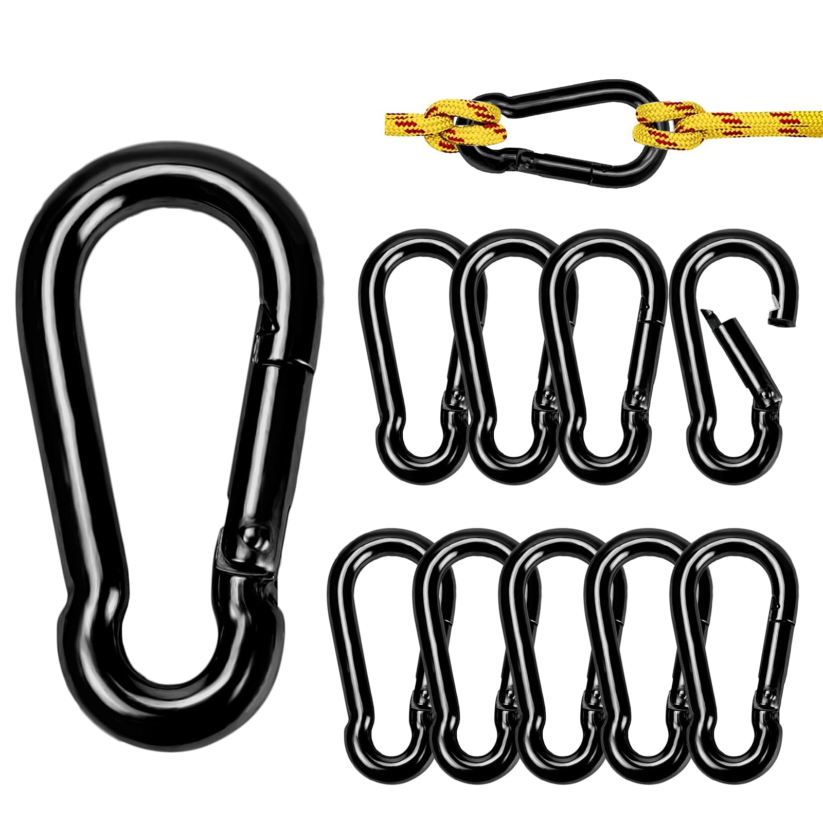 Twours 10 Pack Black Carabiner Clips,3.15 inch Spring Snap Hooks Small High-Strength Steel Quick Link for Outdoor Camping Hammock Fishing Keychain