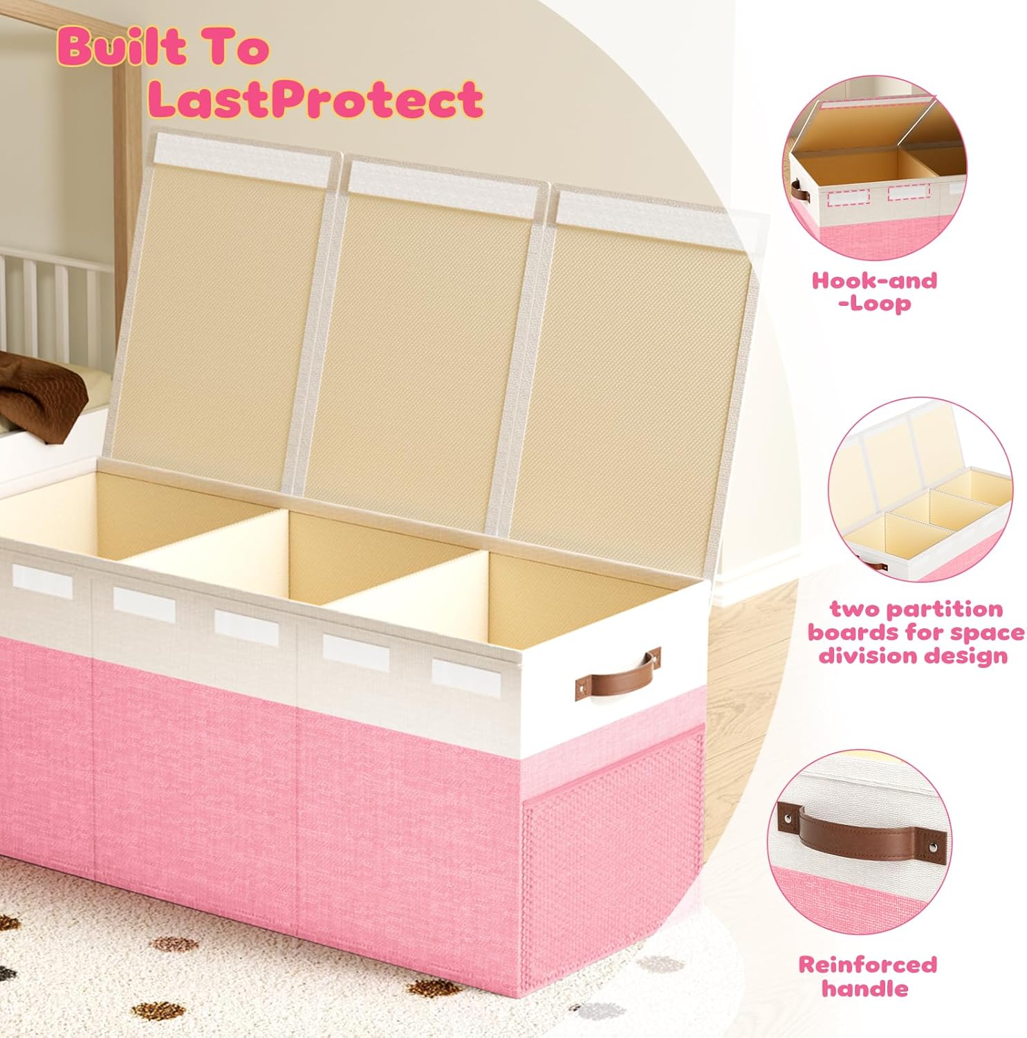 Dayacoco Extra Large Toy Box Chest with Lids, Collapsible Sturdy Kids Toy Storage Organizer Boxes for Boys Girls, Collapsible Sturdy Toys Chest Storage Organizer Bin Basket,40"X14"X16", Pink & White