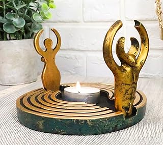 Ebros Gift Dearinth Sky God Father and Earth Goddess Gaia with Nine Spiral Circuits Mini Altar Votive Candle Holder by Oberon Zell in Bronze Patina Home and Garden Decorative Figurine